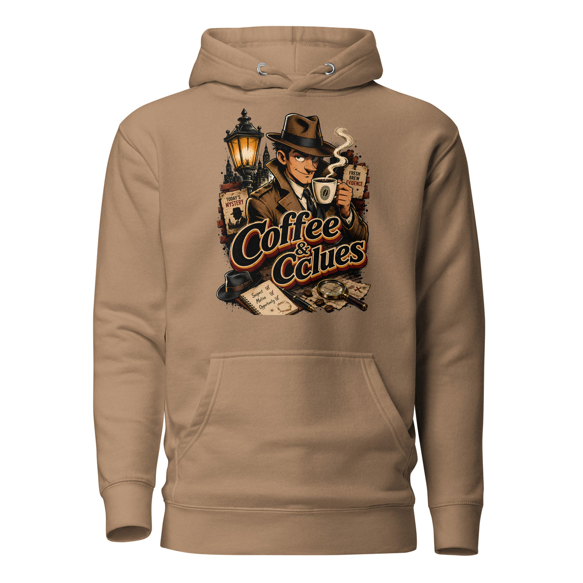 Coffee Lovers Unisex Hoodie Coffee & Clues – Noir Detective Style Graphic Pullover by printfluence.net