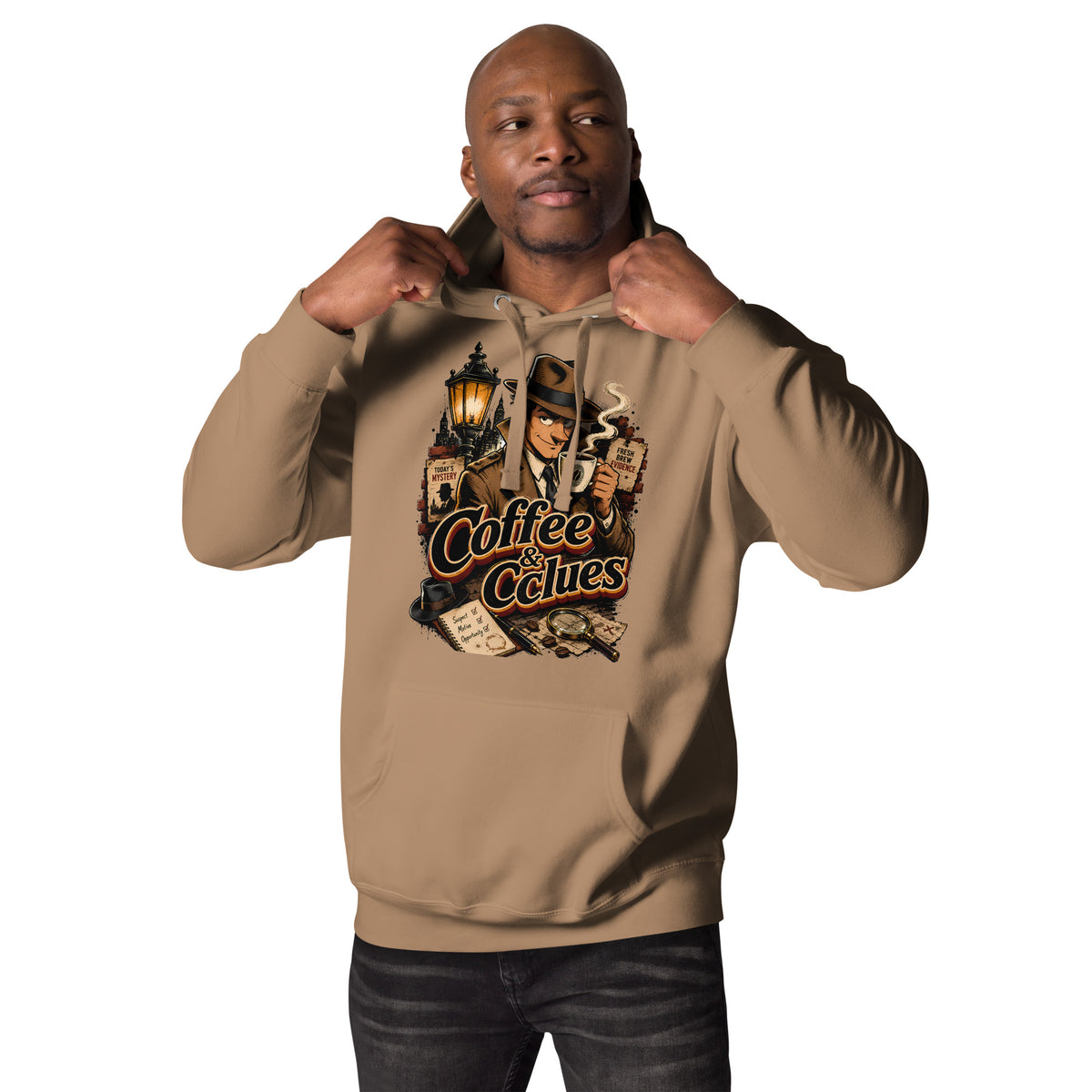 Coffee Lovers Unisex Hoodie Coffee & Clues – Noir Detective Style Graphic Pullover by printfluence.net