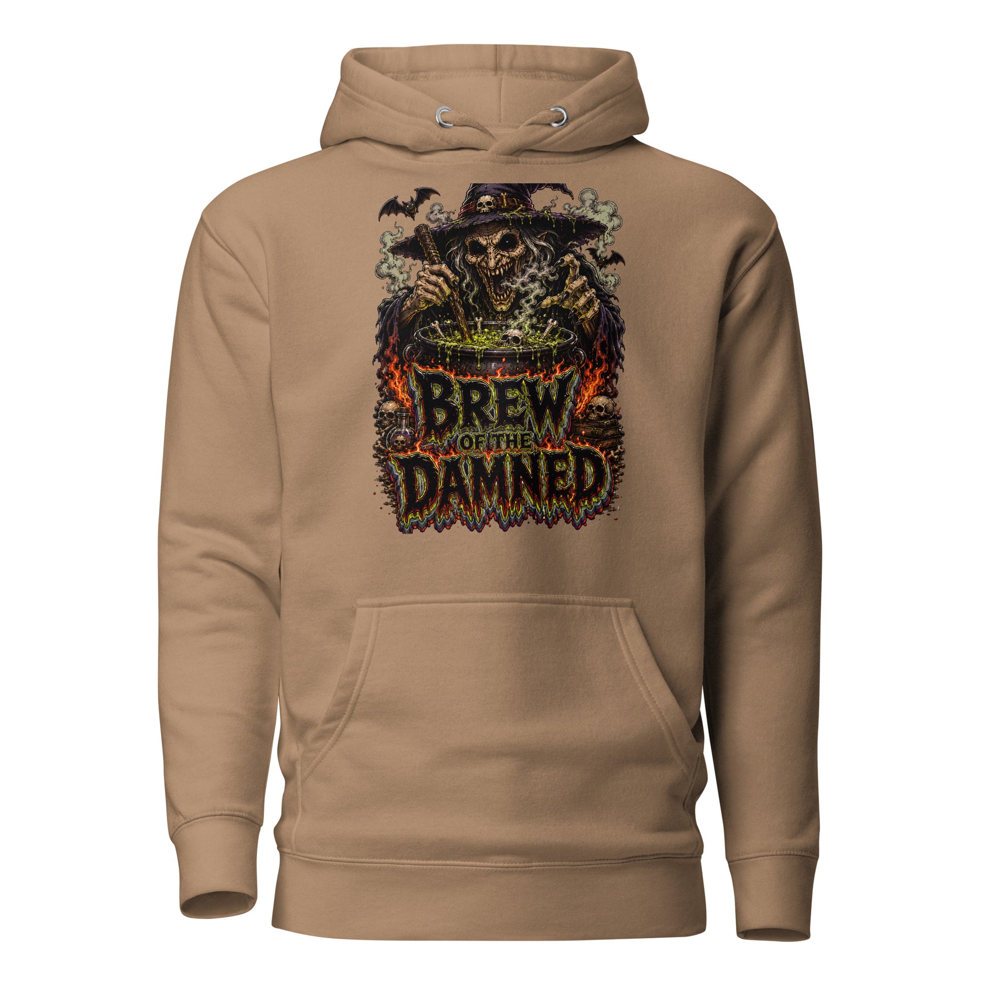 Horror & Mystery Lovers Unisex Premium Pullover Hoodie with "Brew of the Damned" Witch Cauldron Design by printfluence.net