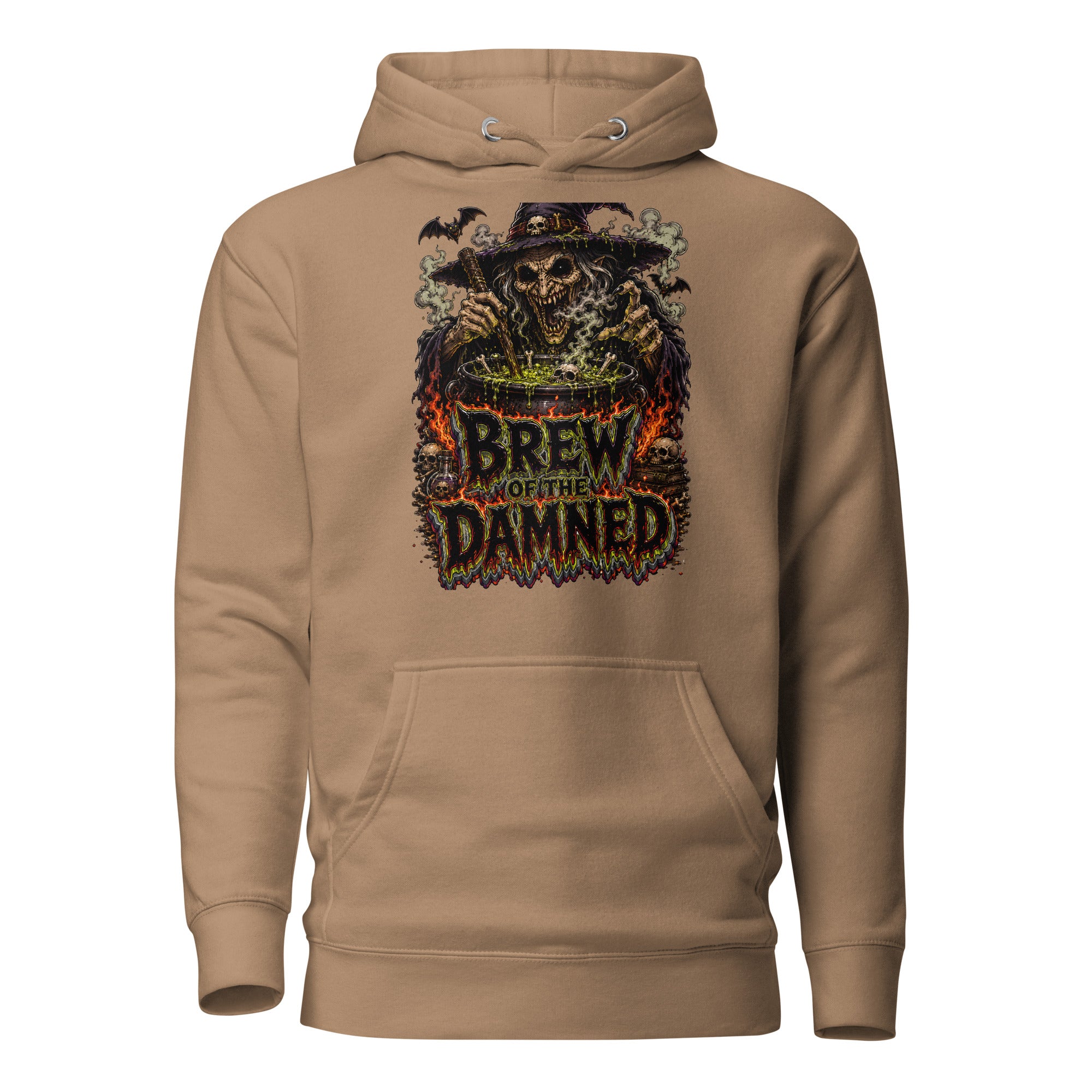 Horror & Mystery Lovers Unisex Premium Pullover Hoodie with "Brew of the Damned" Witch Cauldron Design by printfluence.net