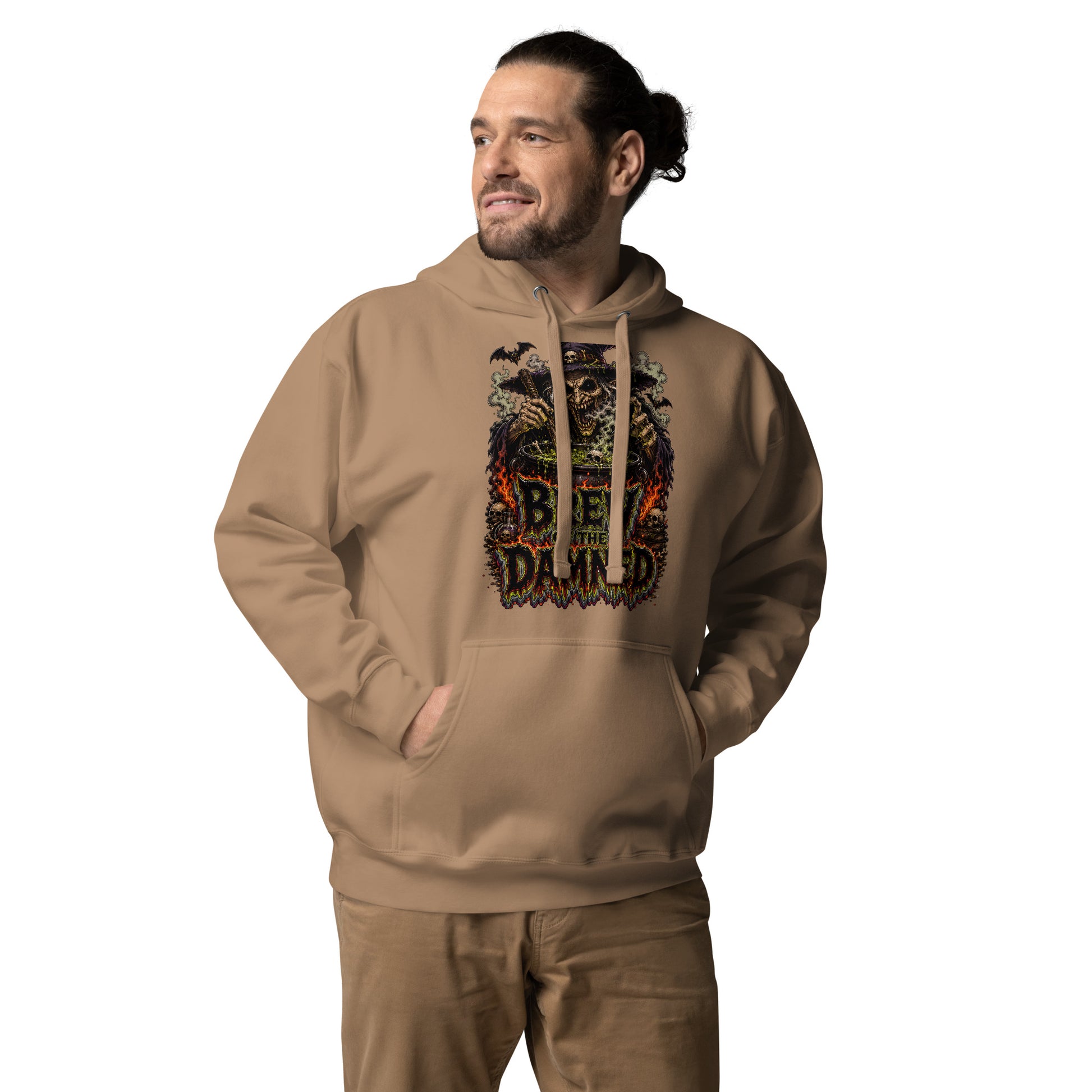 Horror & Mystery Lovers Unisex Premium Pullover Hoodie with "Brew of the Damned" Witch Cauldron Design by printfluence.net