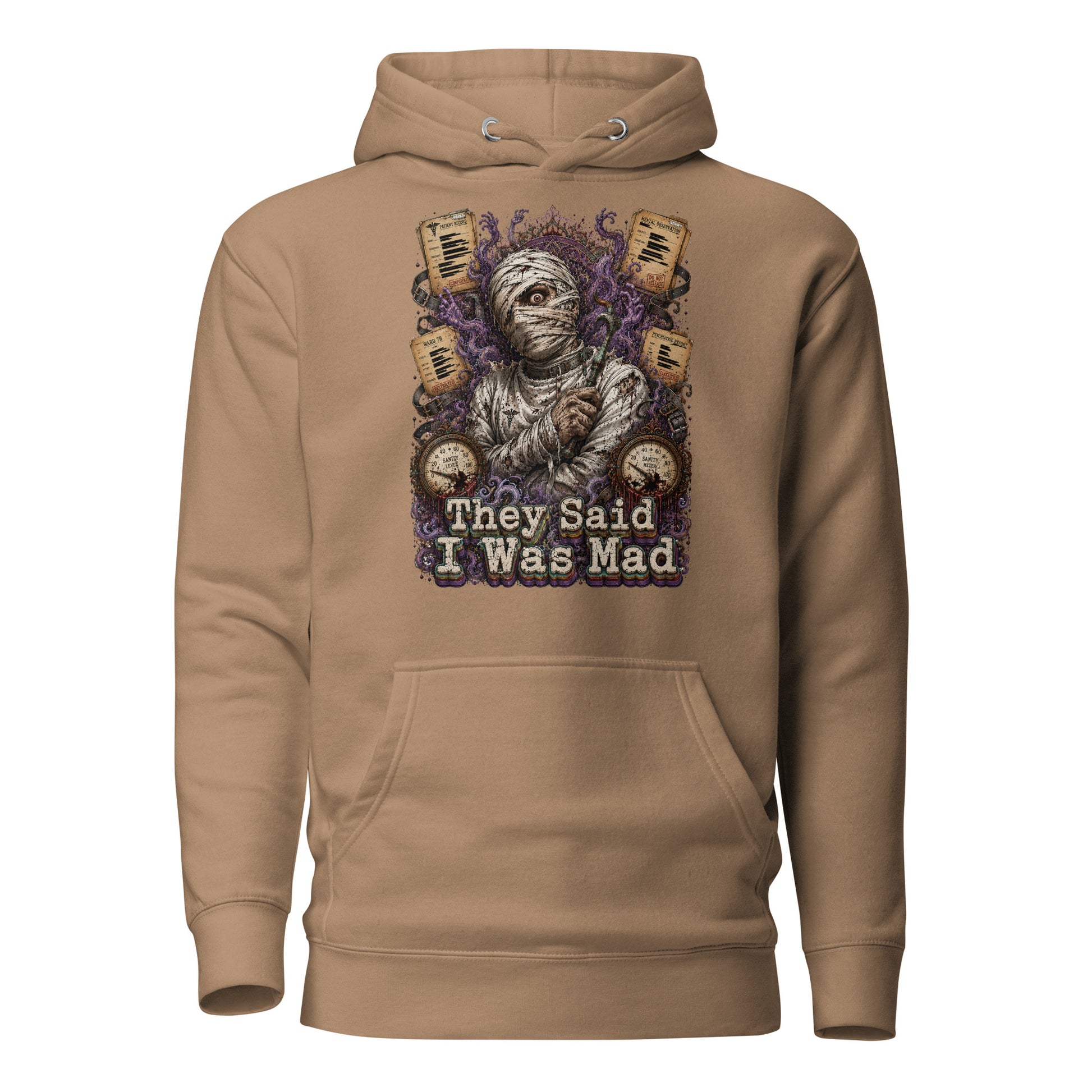 Horror and Mystery Lovers Unisex Premium Pullover Hoodie — "They Said I Was Mad" Asylum Patient and Sanity Meter Design by printfluence.net