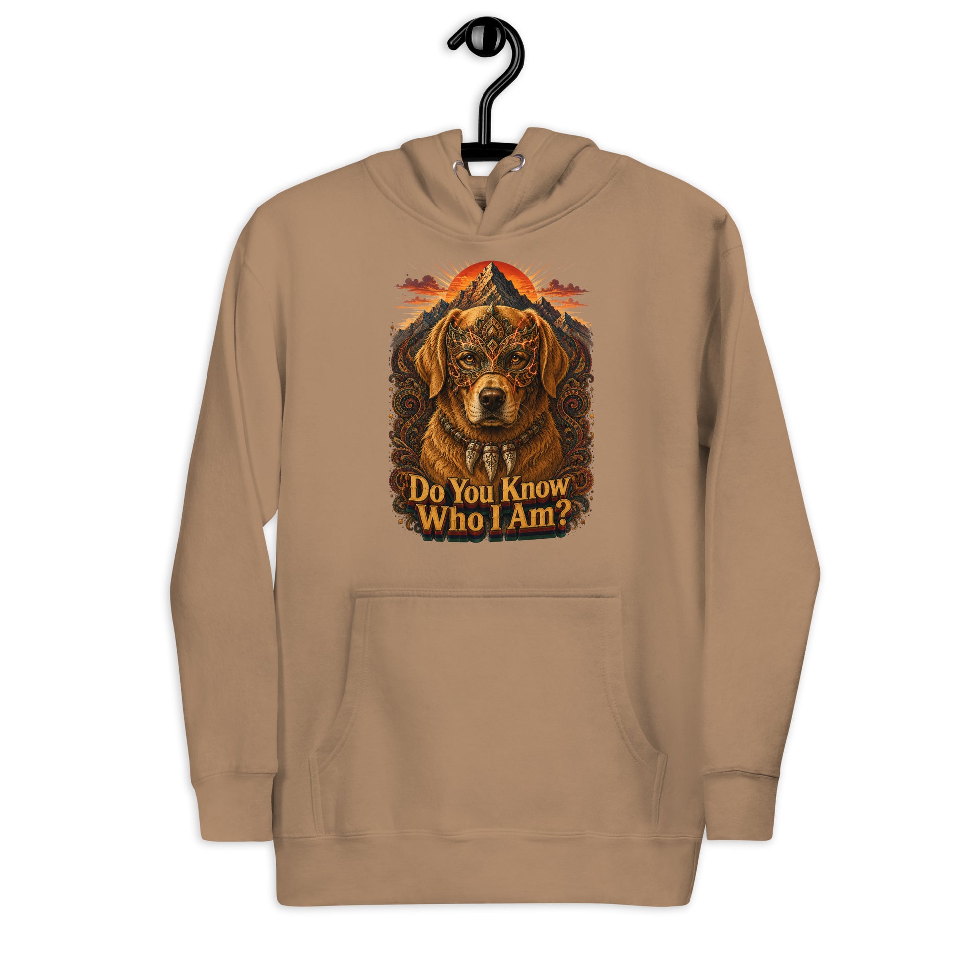 Golden Retriever Lovers Unisex Premium Pullover Hoodie — "Do You Know Who I Am?" Mystical Mask, Mountains, and Tribal Collar Design by printfluence.net