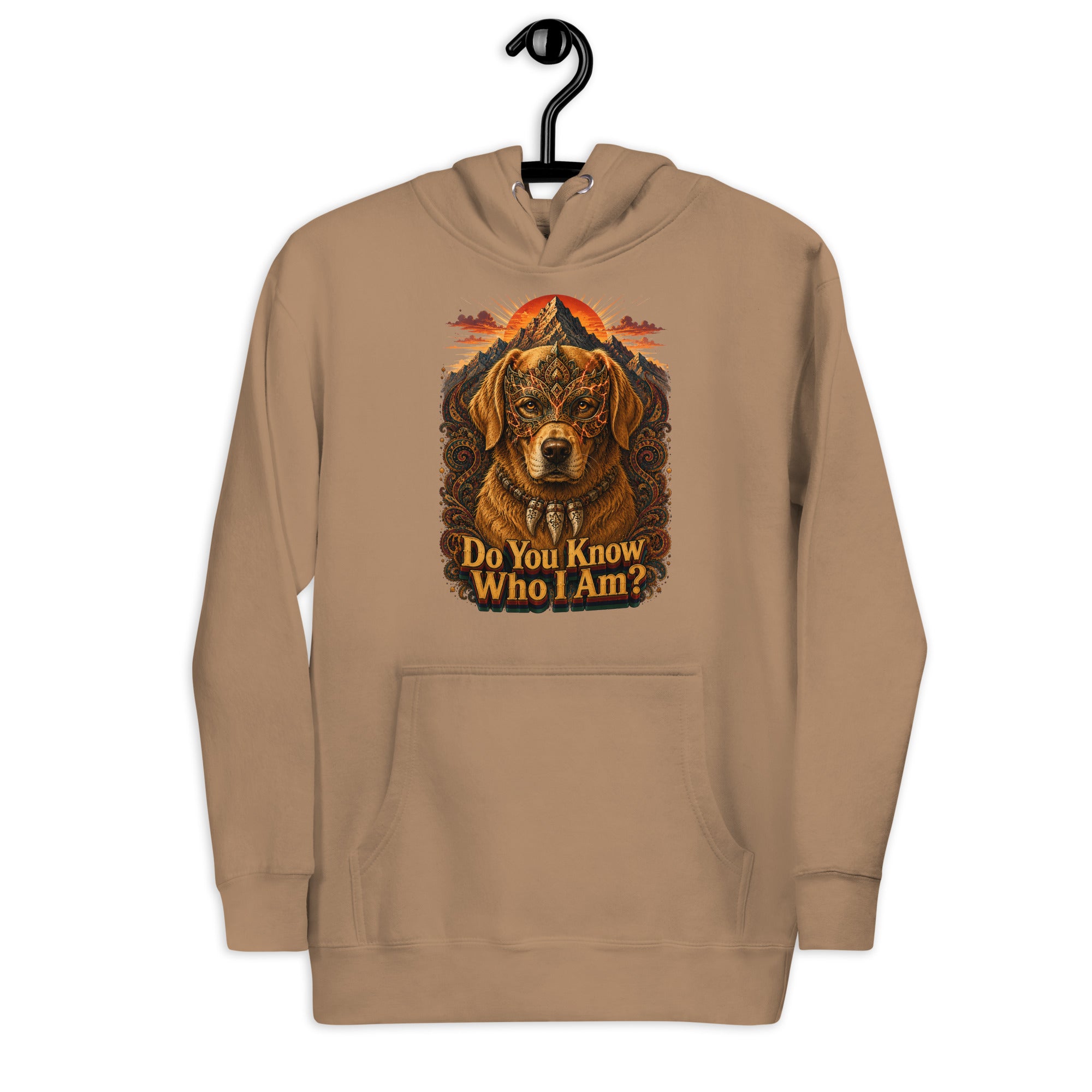 Golden Retriever Lovers Unisex Premium Pullover Hoodie — "Do You Know Who I Am?" Mystical Mask, Mountains, and Tribal Collar Design by printfluence.net