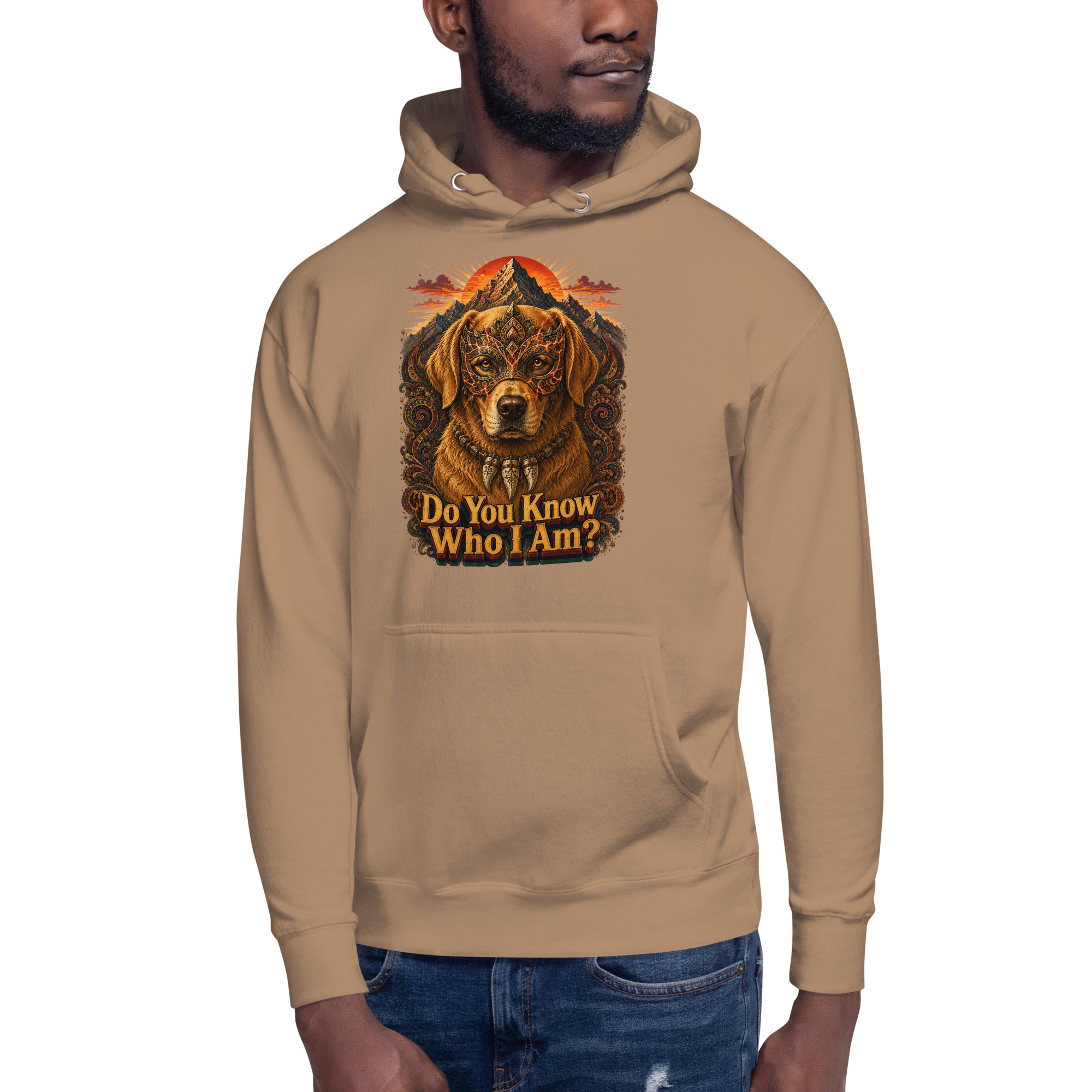 Golden Retriever Lovers Unisex Premium Pullover Hoodie — "Do You Know Who I Am?" Mystical Mask, Mountains, and Tribal Collar Design by printfluence.net