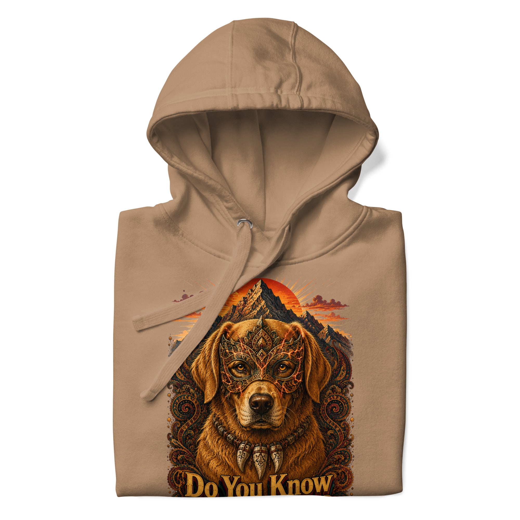 Golden Retriever Lovers Unisex Premium Pullover Hoodie — "Do You Know Who I Am?" Mystical Mask, Mountains, and Tribal Collar Design by printfluence.net
