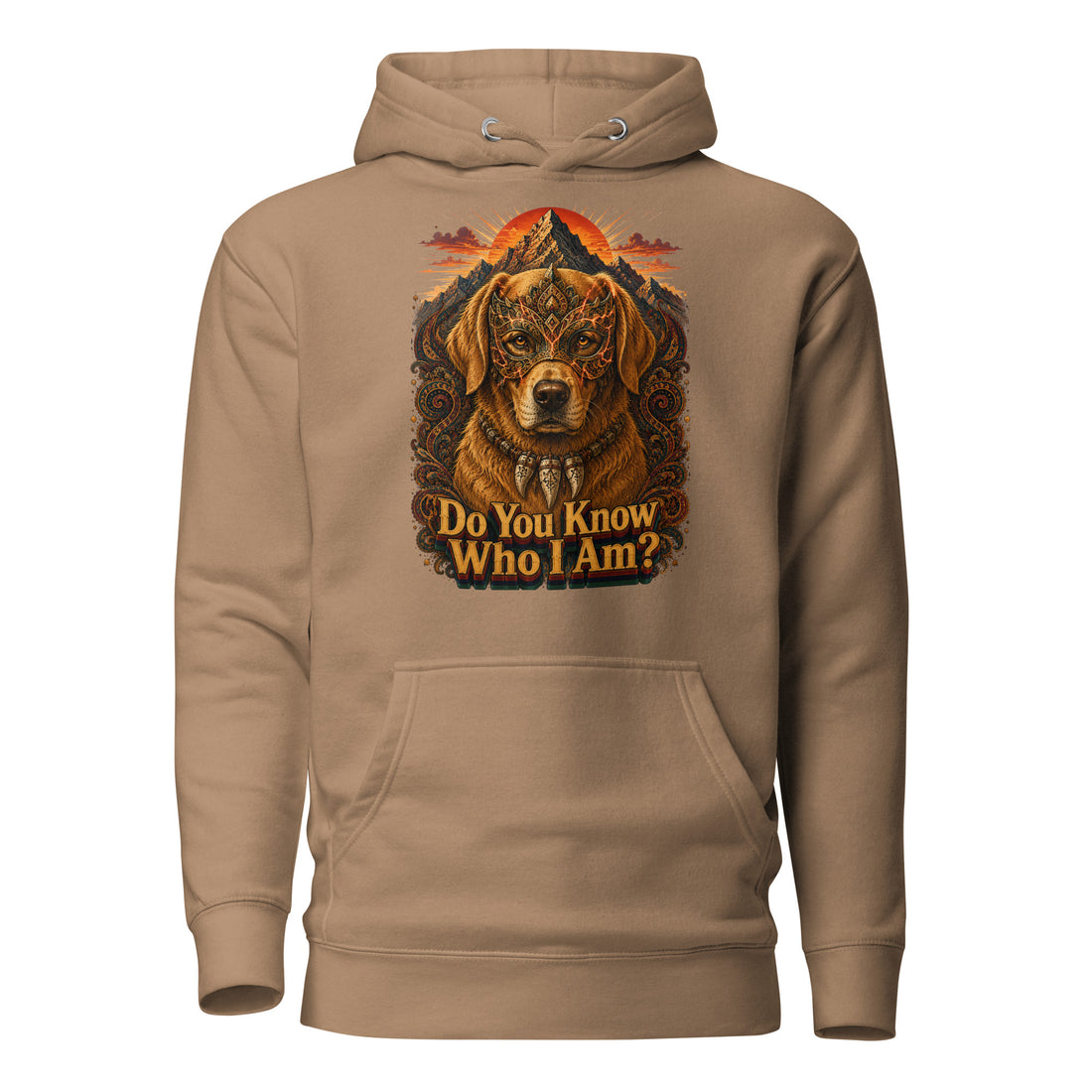 Golden Retriever Lovers Unisex Premium Pullover Hoodie — "Do You Know Who I Am?" Mystical Mask, Mountains, and Tribal Collar Design by printfluence.net