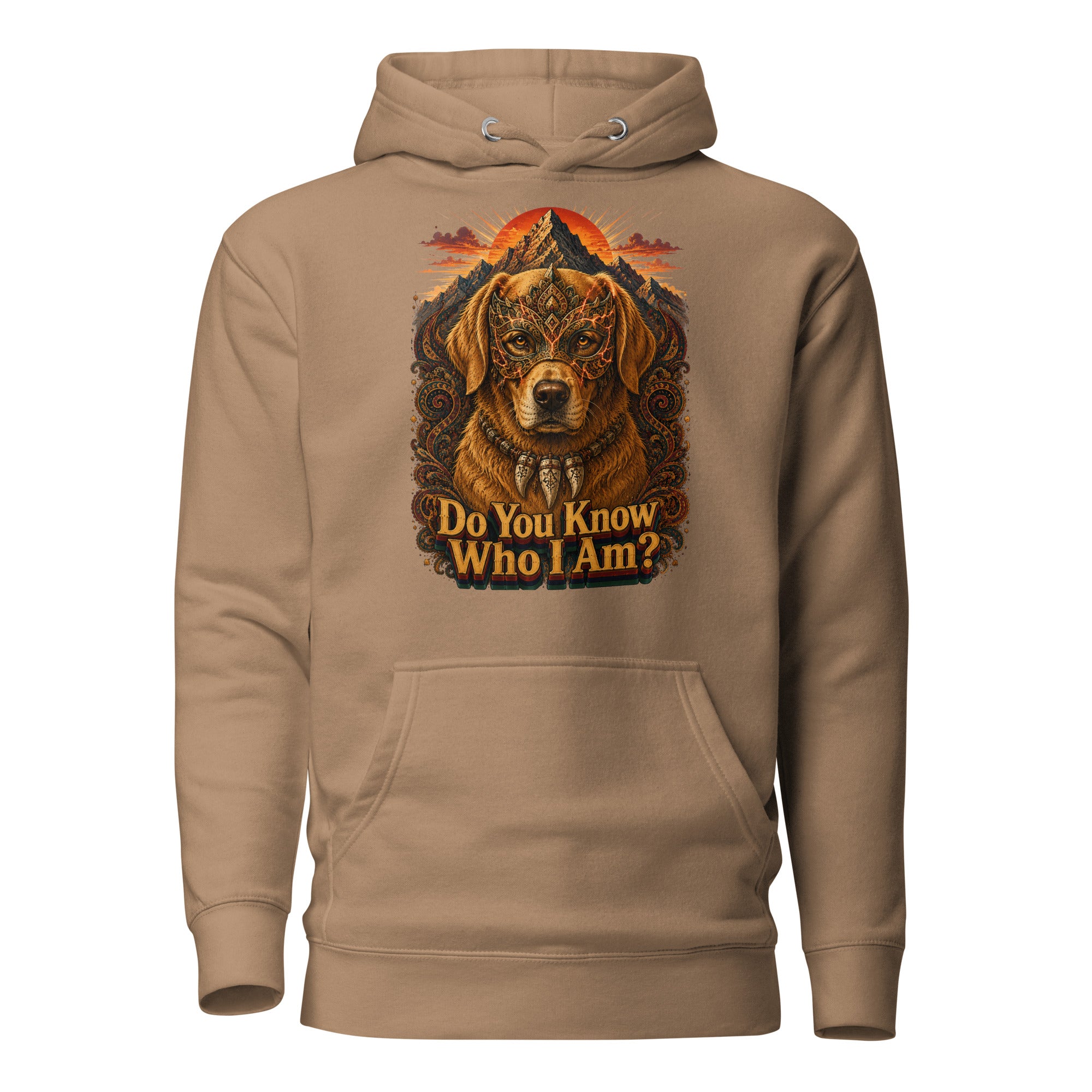 Golden Retriever Lovers Unisex Premium Pullover Hoodie — "Do You Know Who I Am?" Mystical Mask, Mountains, and Tribal Collar Design by printfluence.net