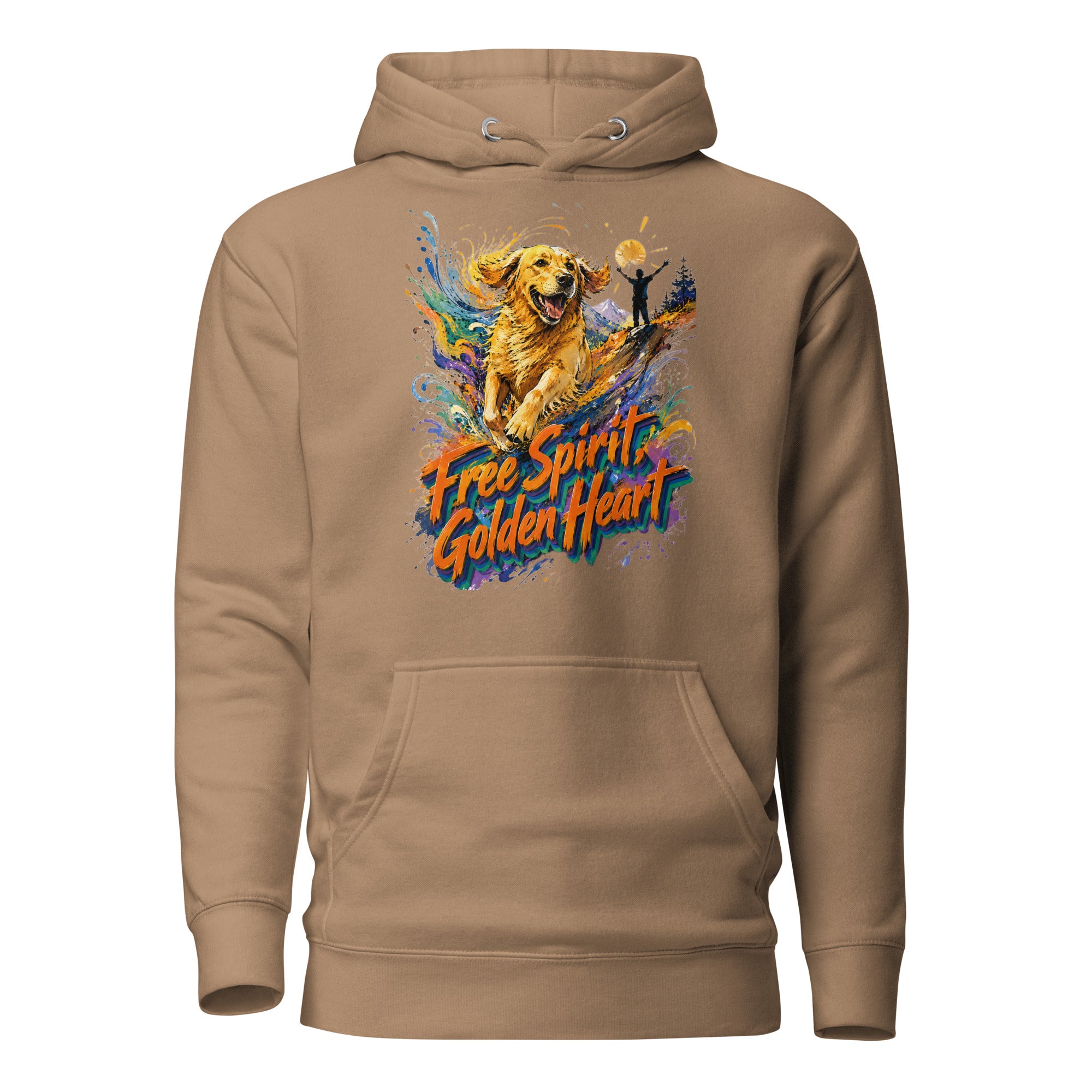 Golden Retriever Lovers Unisex Premium Pullover Hoodie — "Free Spirit, Golden Heart" Running Dog and Mountain Explorer Design by printfluence.net