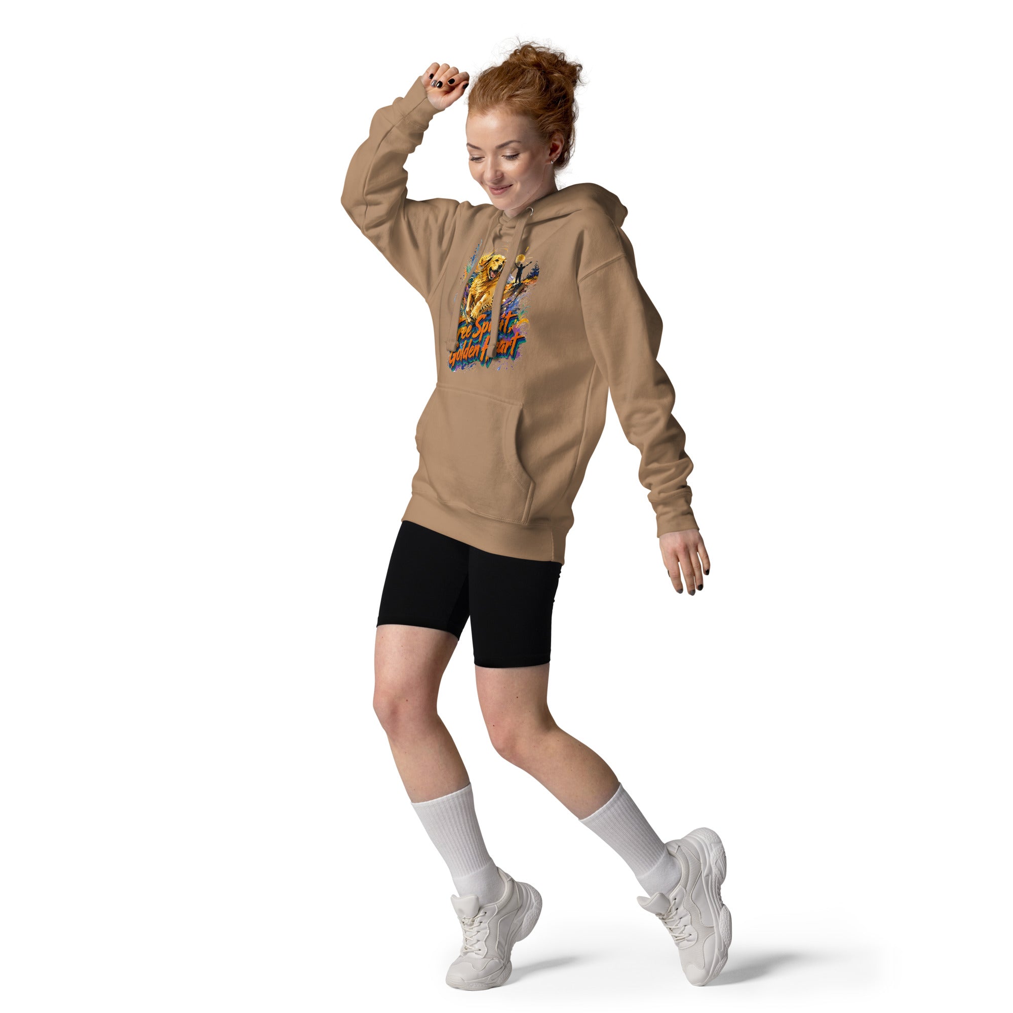 Golden Retriever Lovers Unisex Premium Pullover Hoodie — "Free Spirit, Golden Heart" Running Dog and Mountain Explorer Design by printfluence.net