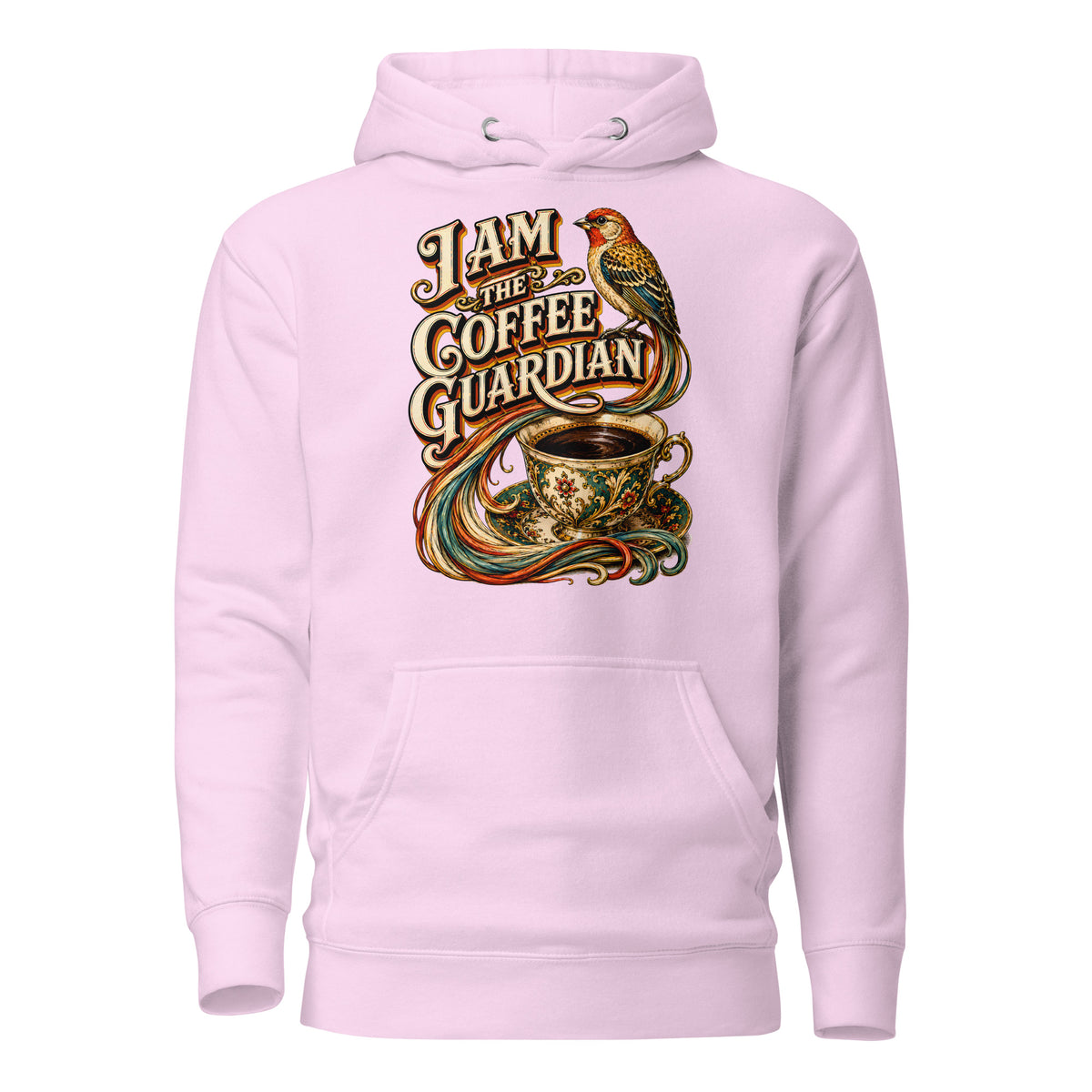Coffee Lovers Unisex Hoodie The Coffee Guardian – Whimsical Bird & Vintage Cup Graphic Pullover by printfluence.net