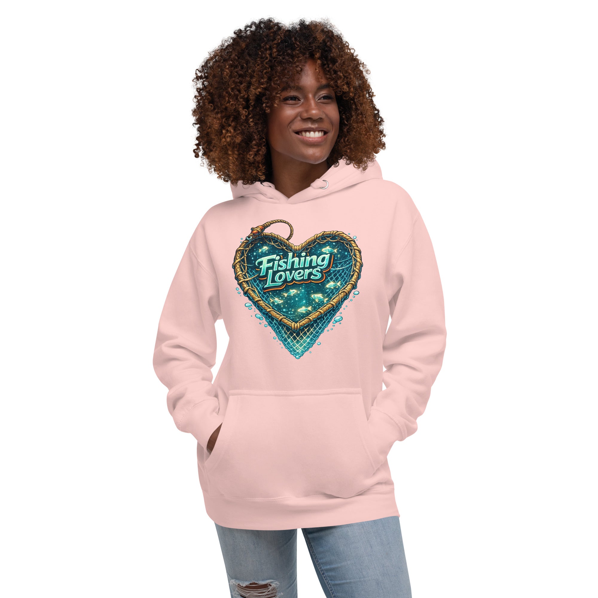 Fishing Lovers Hoodie - Premium Heart Fish Net Graphic Pullover for Anglers & Coffee Lovers by printfluence.net