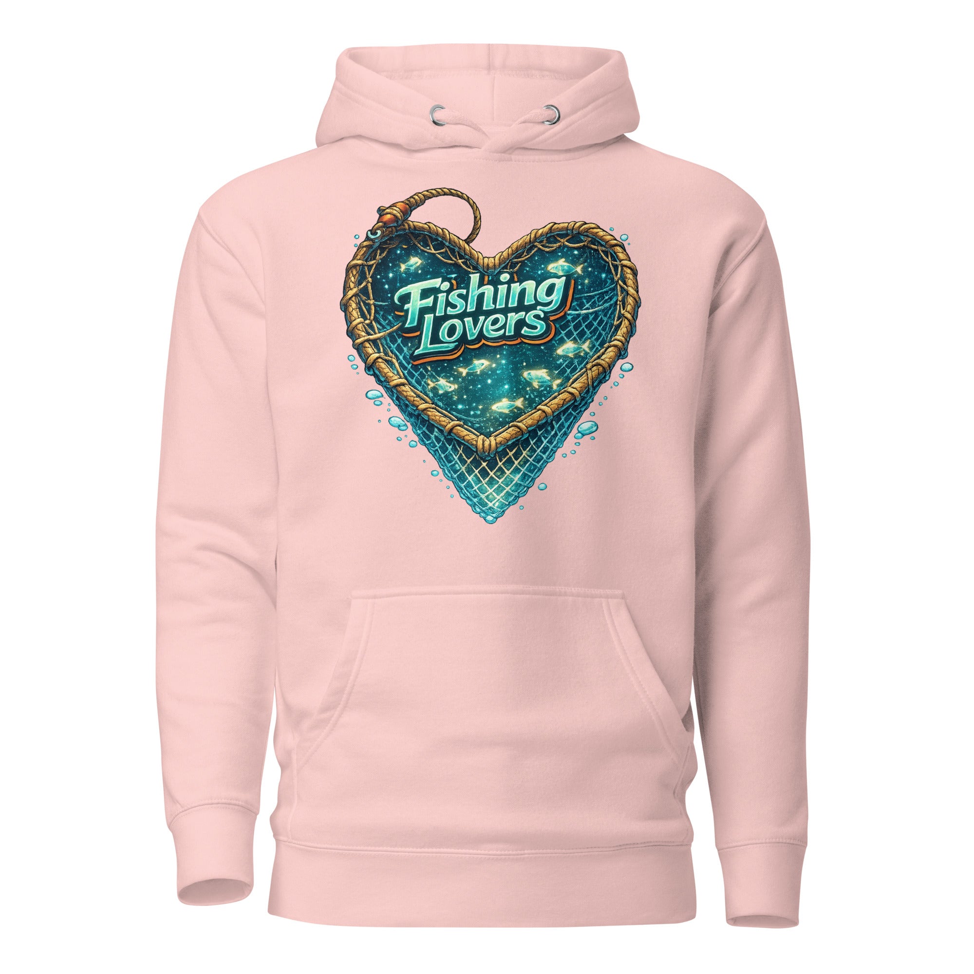 Fishing Lovers Hoodie - Premium Heart Fish Net Graphic Pullover for Anglers & Coffee Lovers by printfluence.net