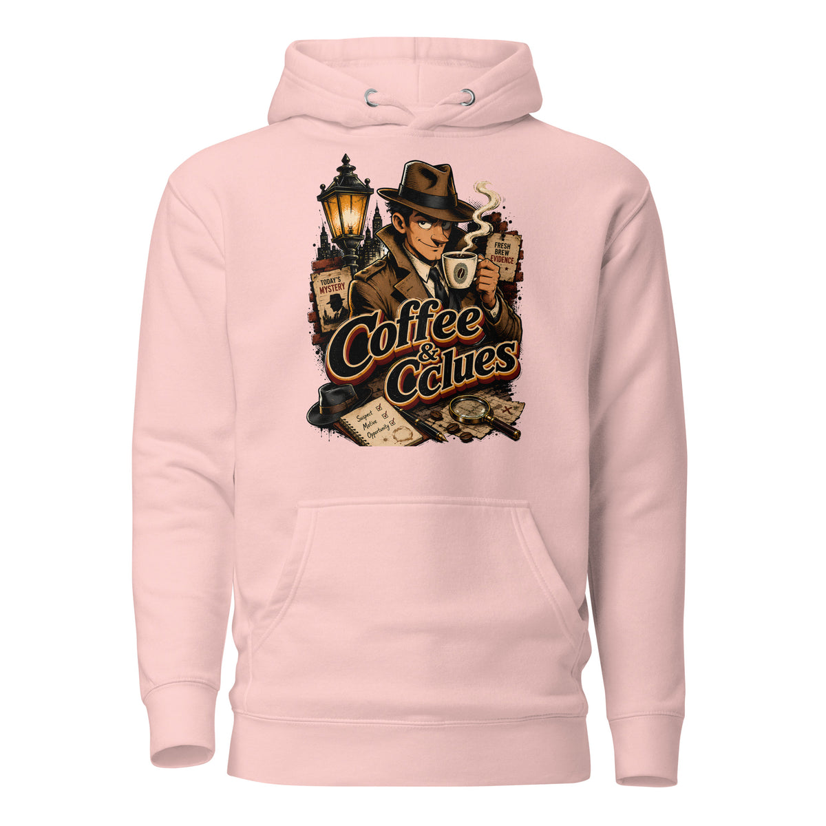 Coffee Lovers Unisex Hoodie Coffee & Clues – Noir Detective Style Graphic Pullover by printfluence.net