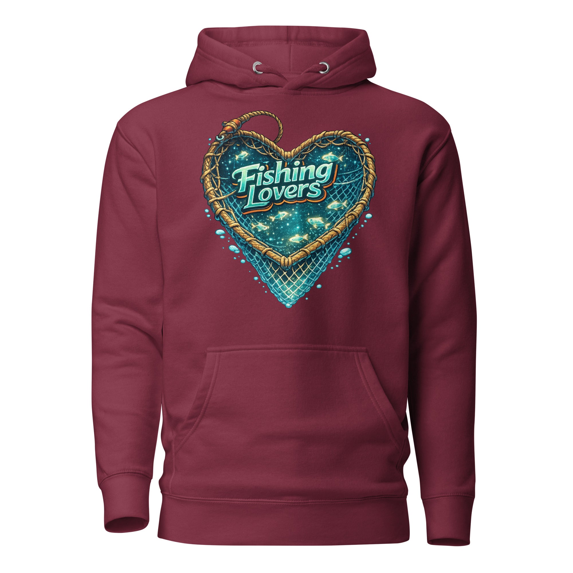 Fishing Lovers Hoodie - Premium Heart Fish Net Graphic Pullover for Anglers & Coffee Lovers by printfluence.net