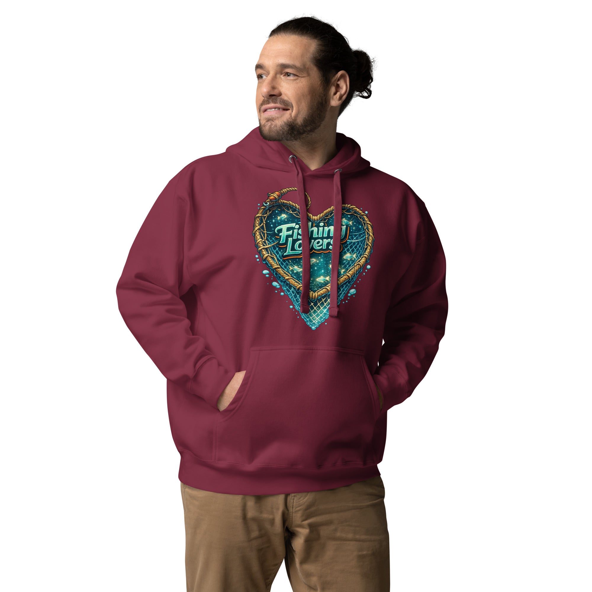 Fishing Lovers Hoodie - Premium Heart Fish Net Graphic Pullover for Anglers & Coffee Lovers by printfluence.net