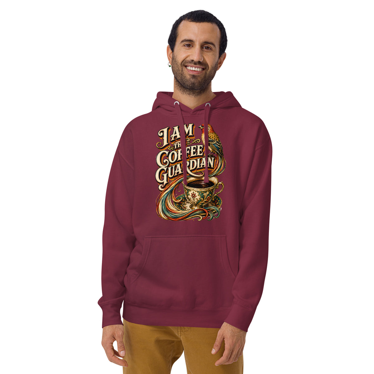 Coffee Lovers Unisex Hoodie The Coffee Guardian – Whimsical Bird & Vintage Cup Graphic Pullover by printfluence.net