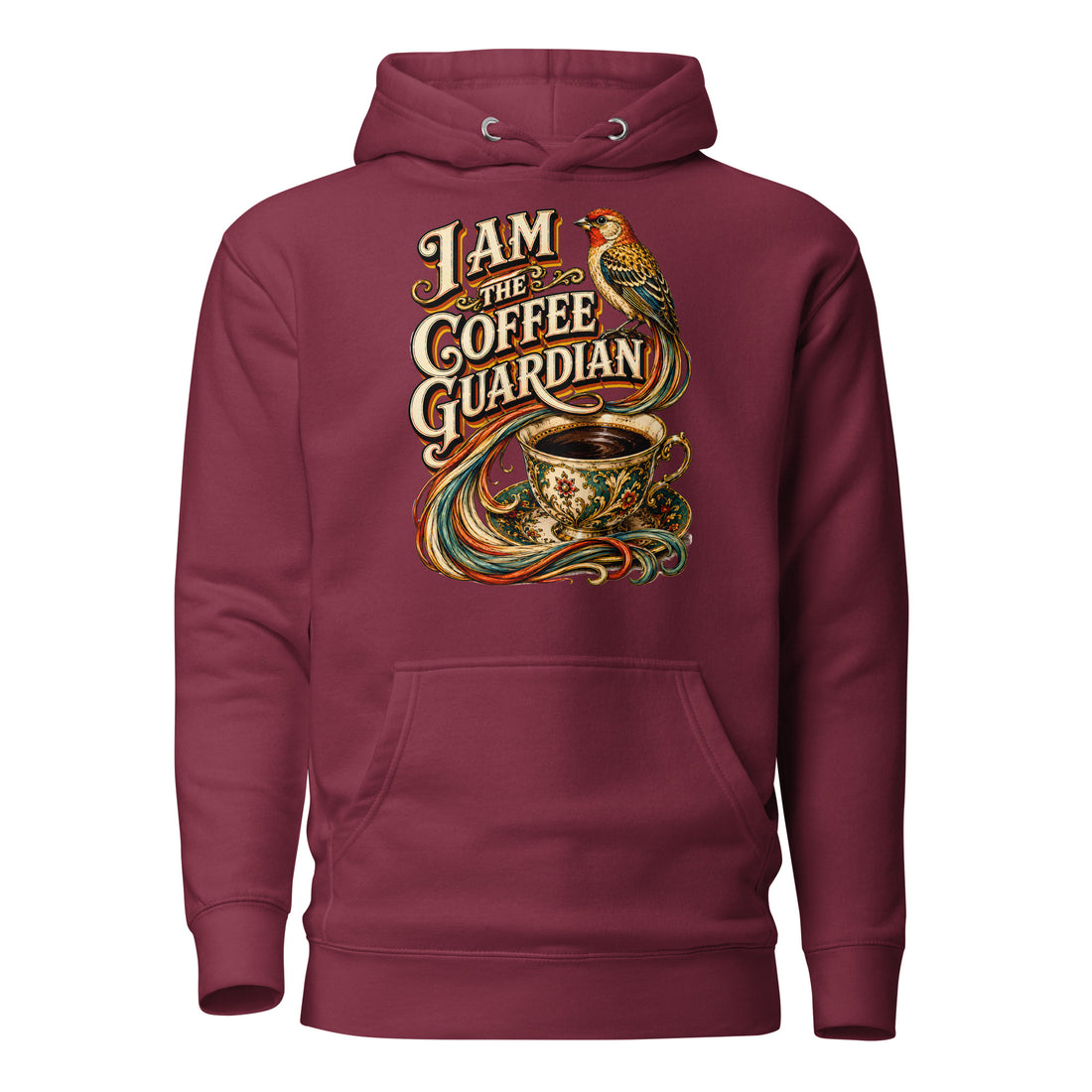 Coffee Lovers Unisex Hoodie The Coffee Guardian – Whimsical Bird & Vintage Cup Graphic Pullover by printfluence.net