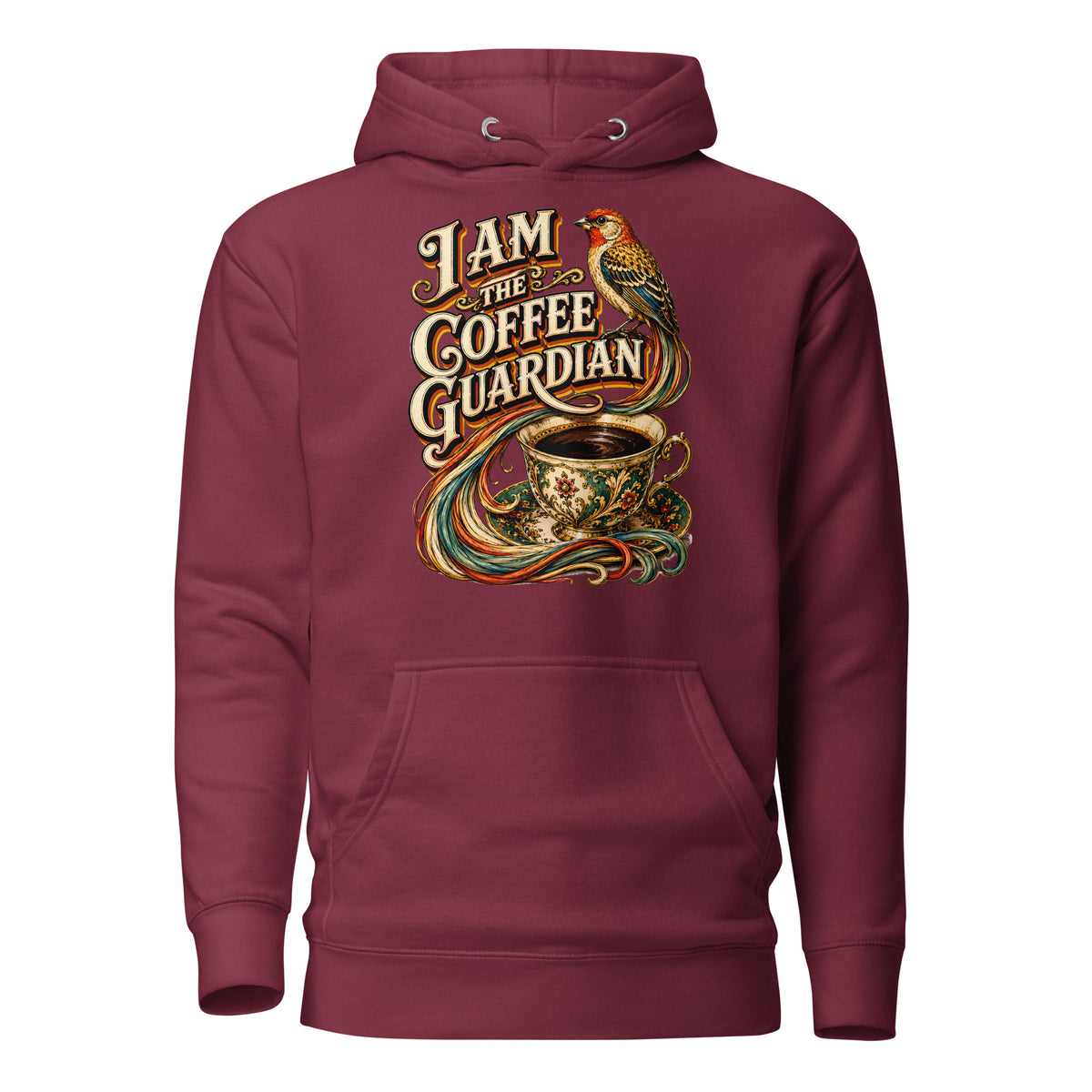 Coffee Lovers Unisex Hoodie The Coffee Guardian – Whimsical Bird & Vintage Cup Graphic Pullover by printfluence.net