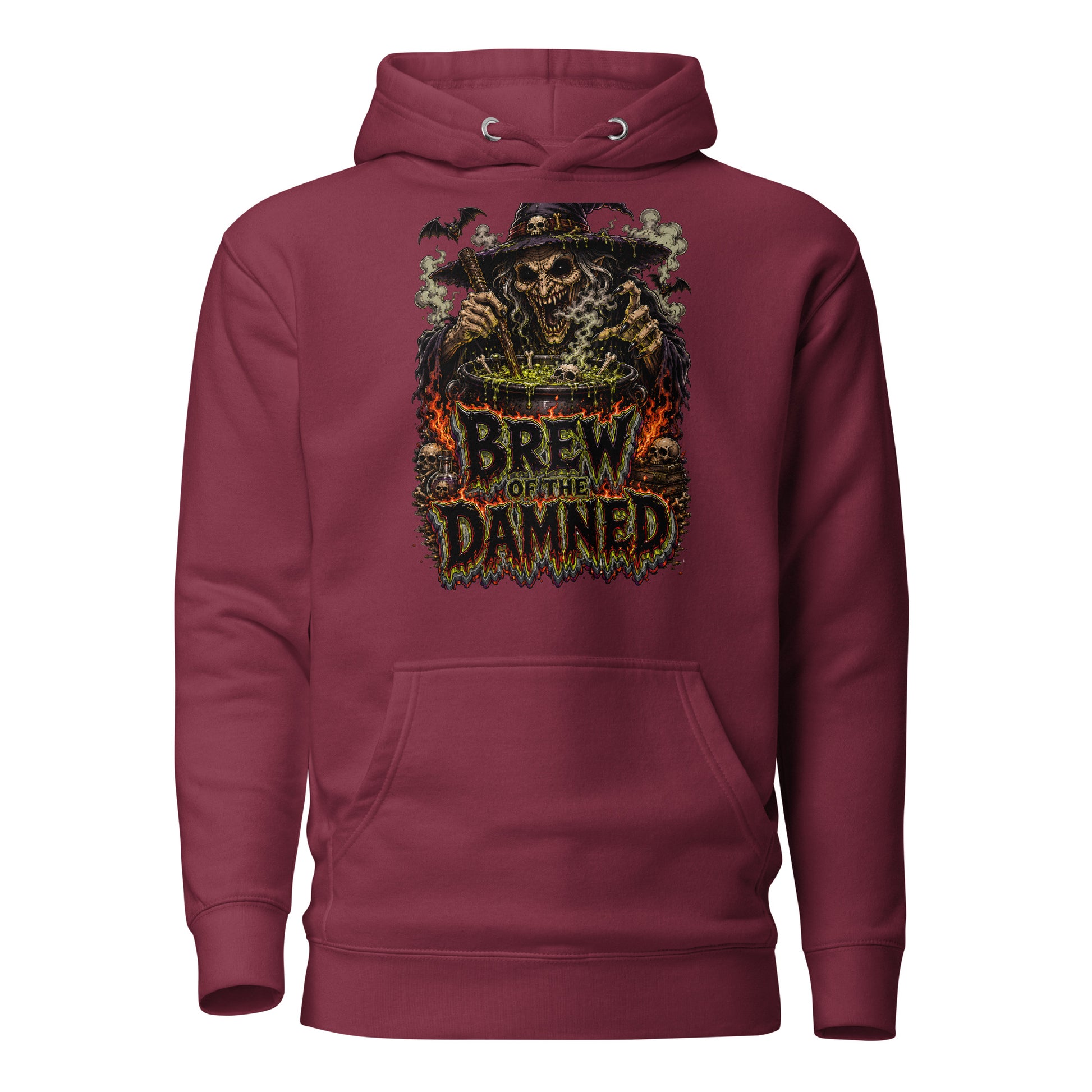 Horror & Mystery Lovers Unisex Premium Pullover Hoodie with "Brew of the Damned" Witch Cauldron Design by printfluence.net