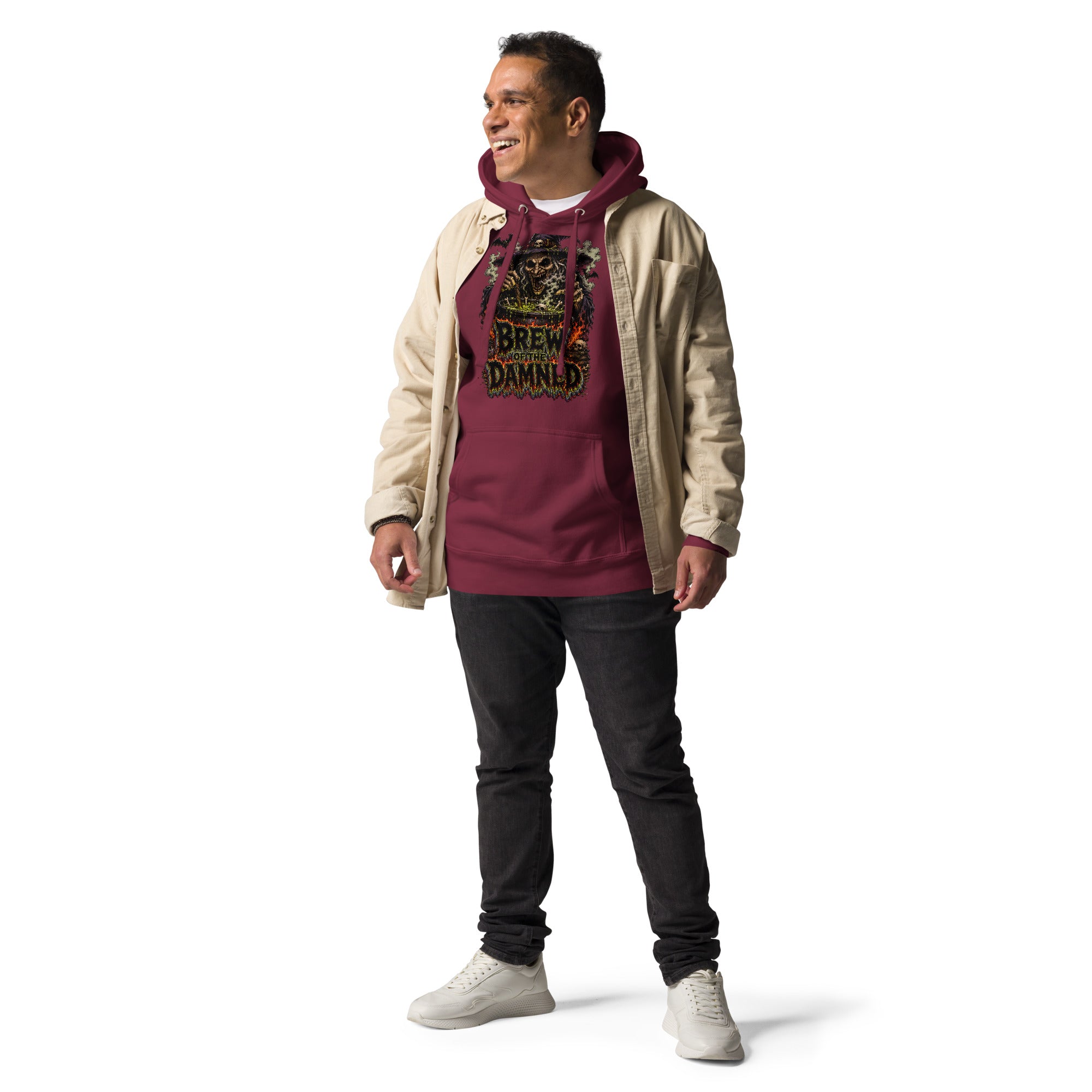 Horror & Mystery Lovers Unisex Premium Pullover Hoodie with "Brew of the Damned" Witch Cauldron Design by printfluence.net
