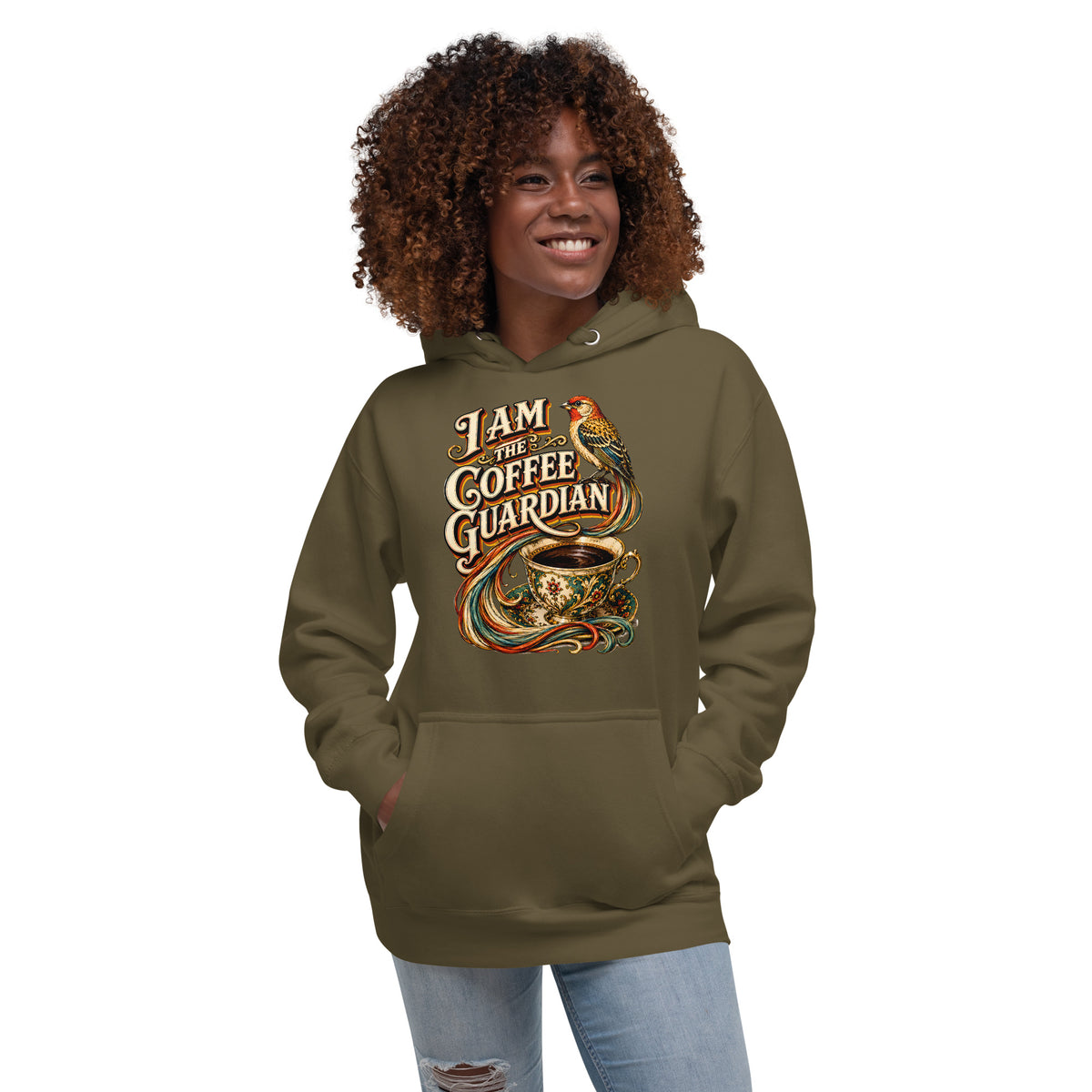 Coffee Lovers Unisex Hoodie The Coffee Guardian – Whimsical Bird & Vintage Cup Graphic Pullover by printfluence.net