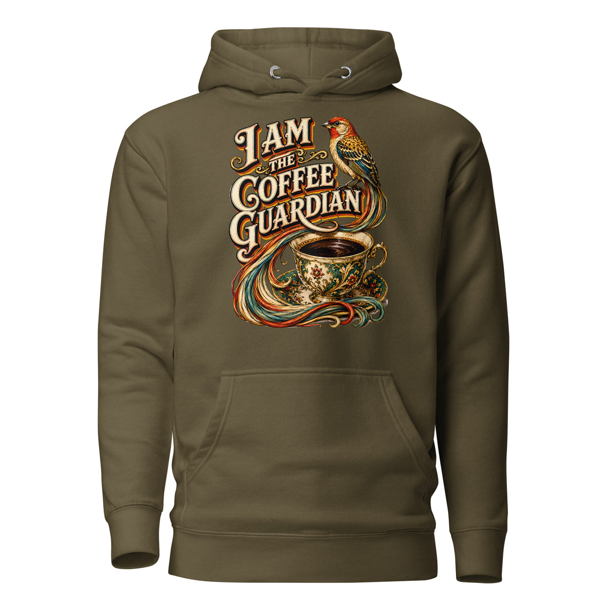Coffee Lovers Unisex Hoodie The Coffee Guardian – Whimsical Bird & Vintage Cup Graphic Pullover by printfluence.net