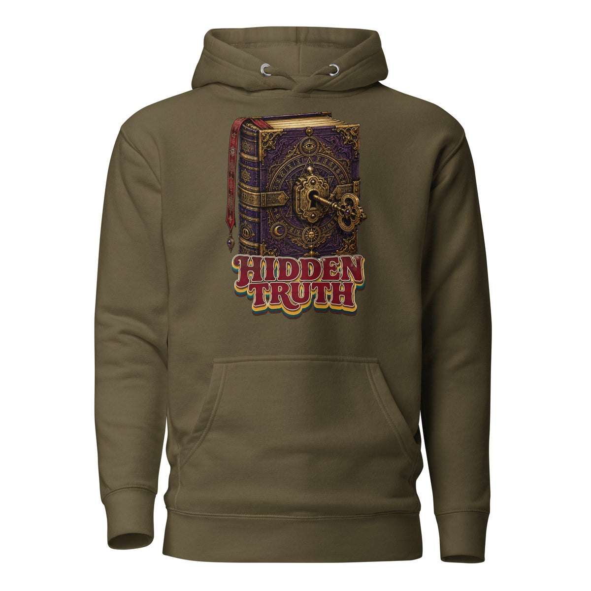 Horror and Mystery Lovers Unisex Premium Pullover Hoodie — "Hidden Truth" Cursed Grimoire and Esoteric Key Design by printfluence.net