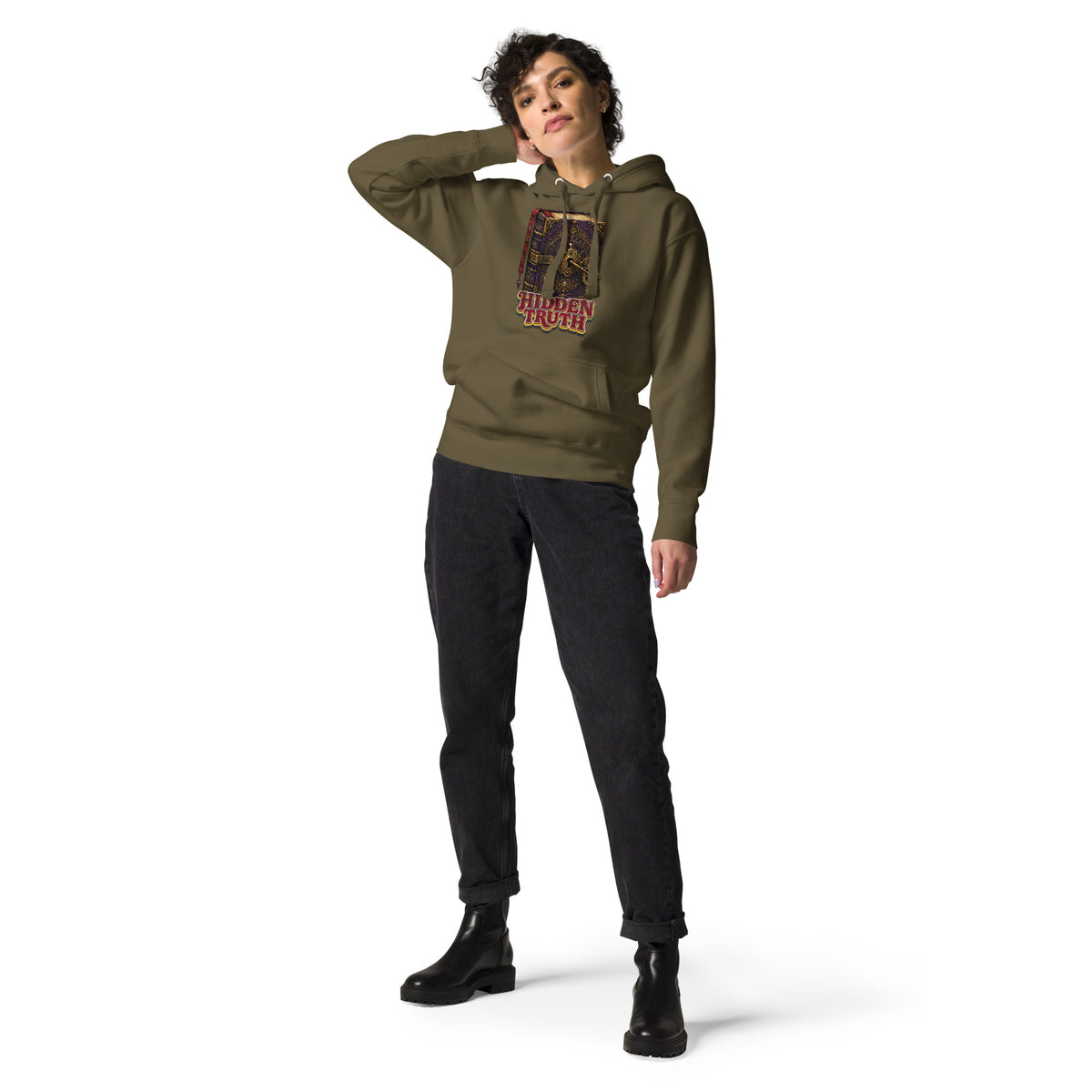 Horror and Mystery Lovers Unisex Premium Pullover Hoodie — "Hidden Truth" Cursed Grimoire and Esoteric Key Design by printfluence.net