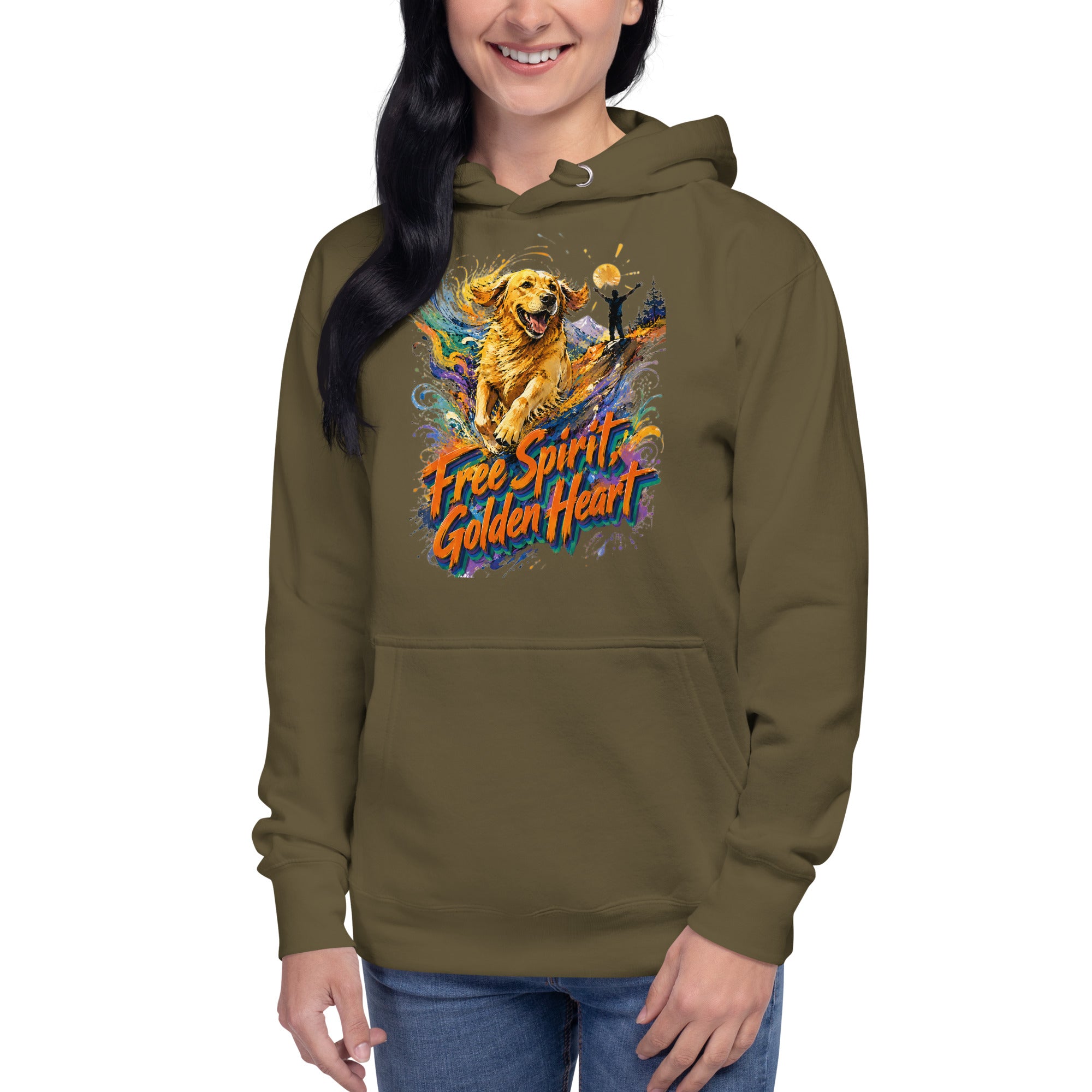 Golden Retriever Lovers Unisex Premium Pullover Hoodie — "Free Spirit, Golden Heart" Running Dog and Mountain Explorer Design by printfluence.net