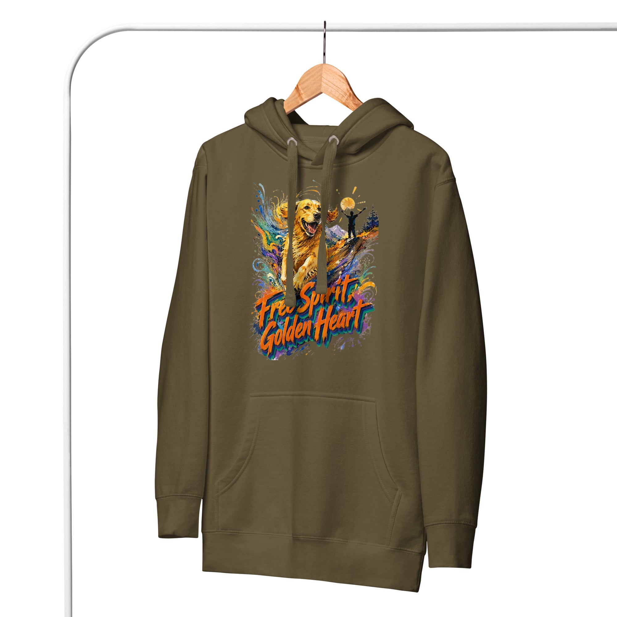 Golden Retriever Lovers Unisex Premium Pullover Hoodie — "Free Spirit, Golden Heart" Running Dog and Mountain Explorer Design by printfluence.net