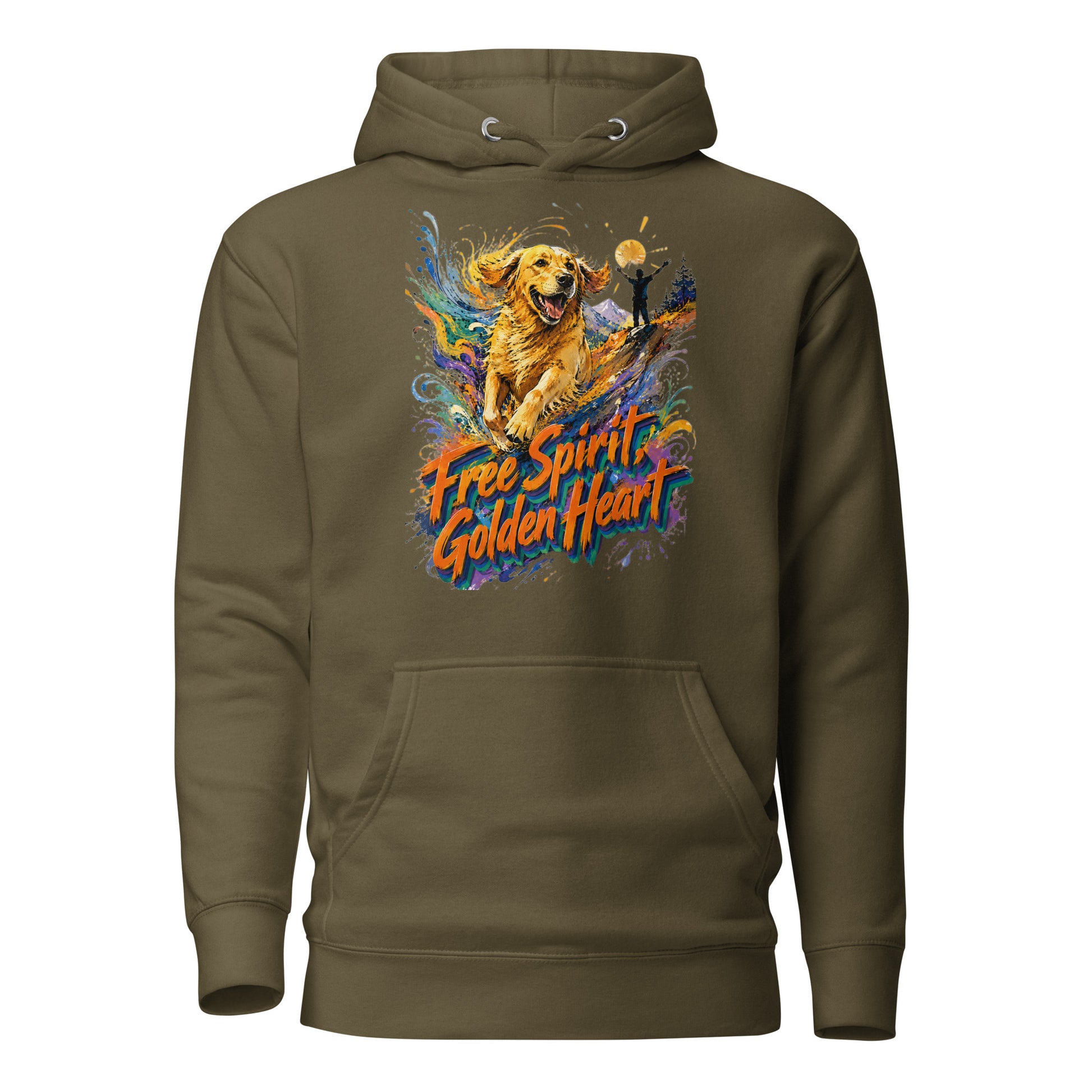 Golden Retriever Lovers Unisex Premium Pullover Hoodie — "Free Spirit, Golden Heart" Running Dog and Mountain Explorer Design by printfluence.net