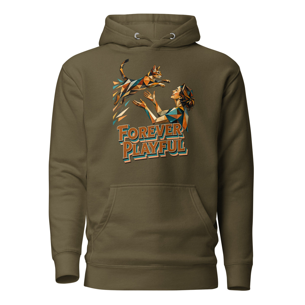 Cat Lovers Unisex Premium Pullover Hoodie – Forever Playful Geometric Cat Art Design by printfluence.net