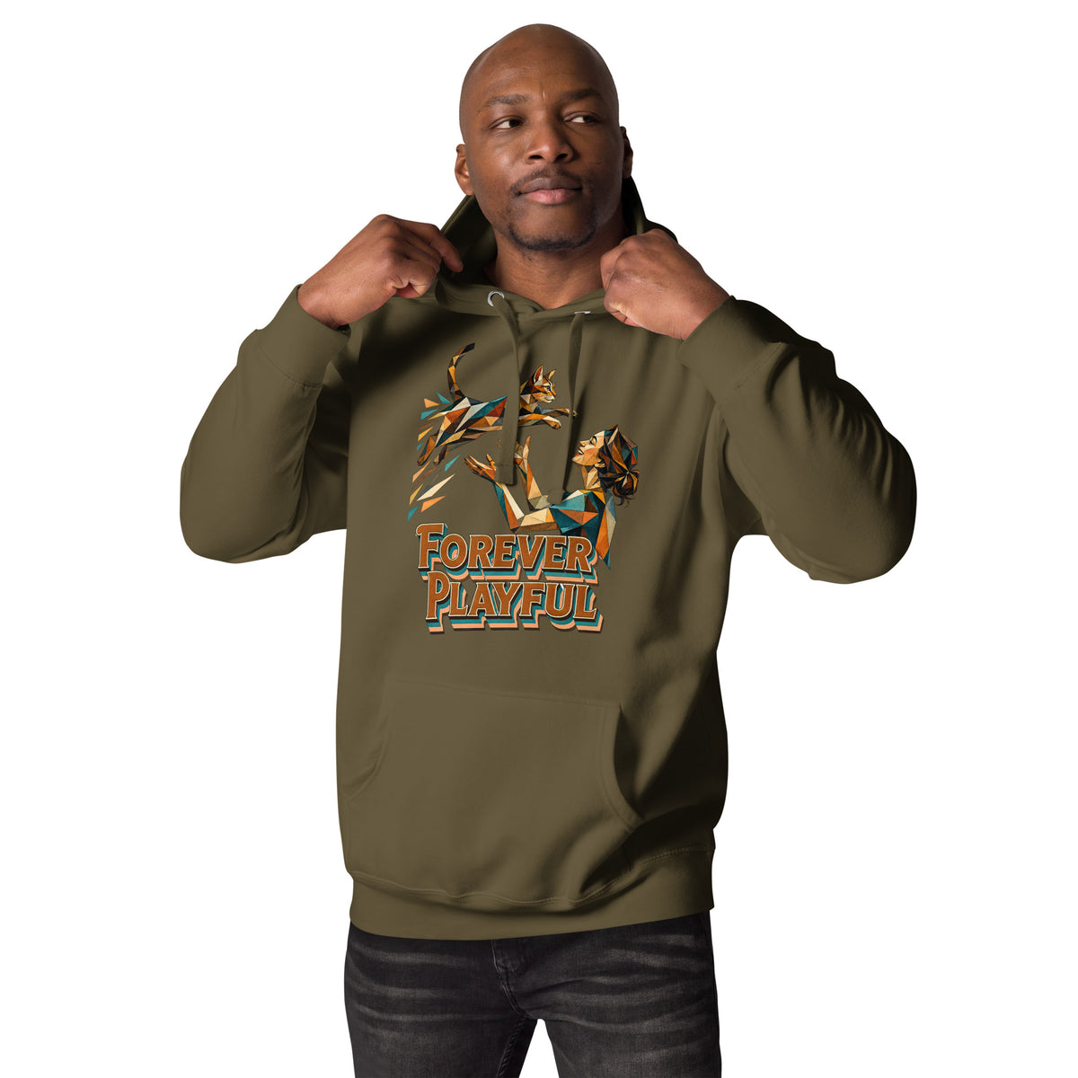 Cat Lovers Unisex Premium Pullover Hoodie – Forever Playful Geometric Cat Art Design by printfluence.net