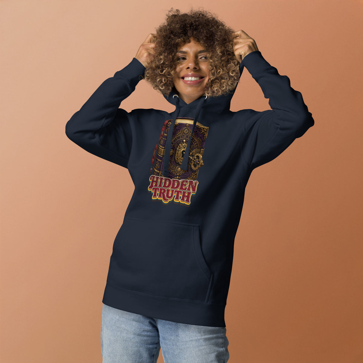 Horror and Mystery Lovers Unisex Premium Pullover Hoodie — "Hidden Truth" Cursed Grimoire and Esoteric Key Design by printfluence.net