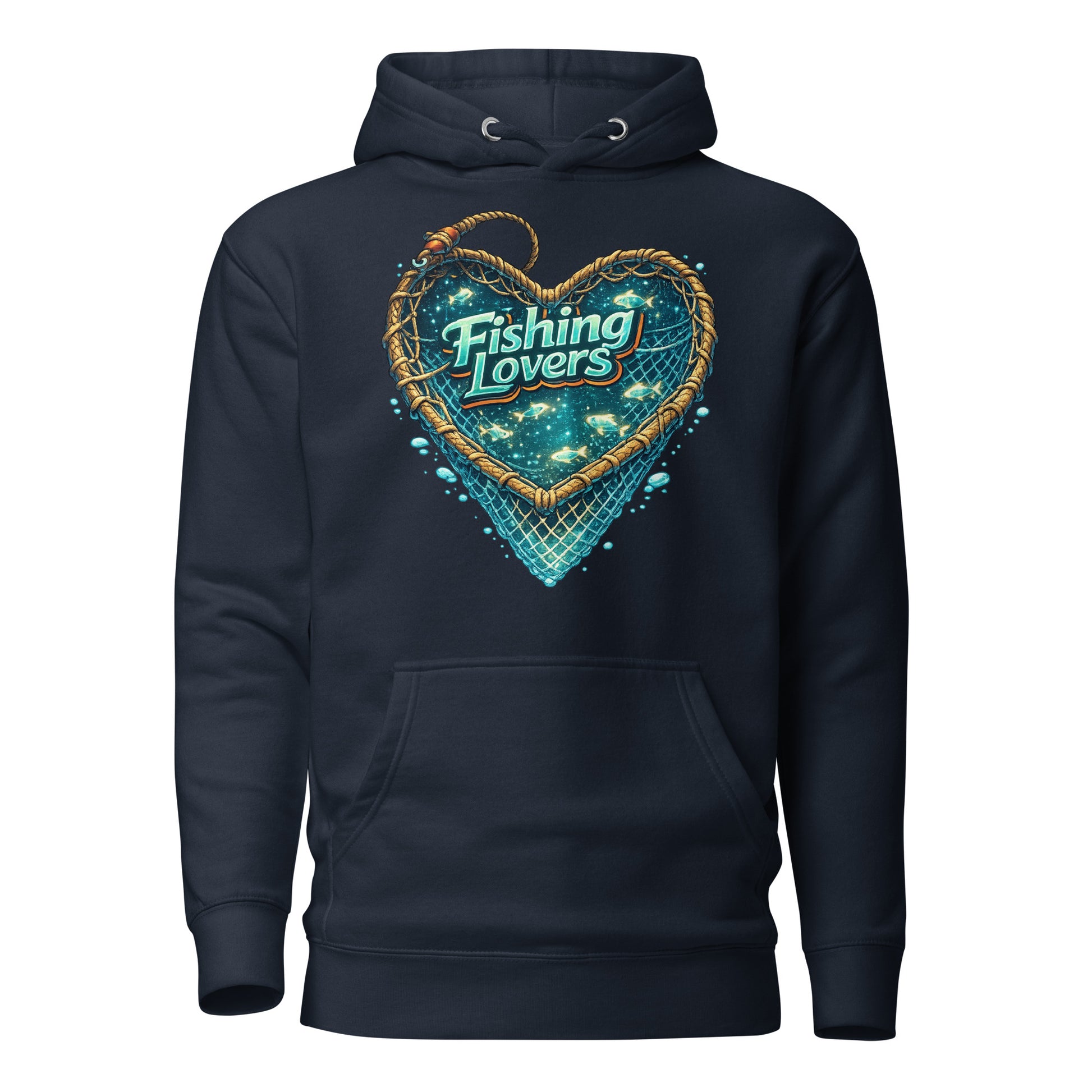 Fishing Lovers Hoodie - Premium Heart Fish Net Graphic Pullover for Anglers & Coffee Lovers by printfluence.net
