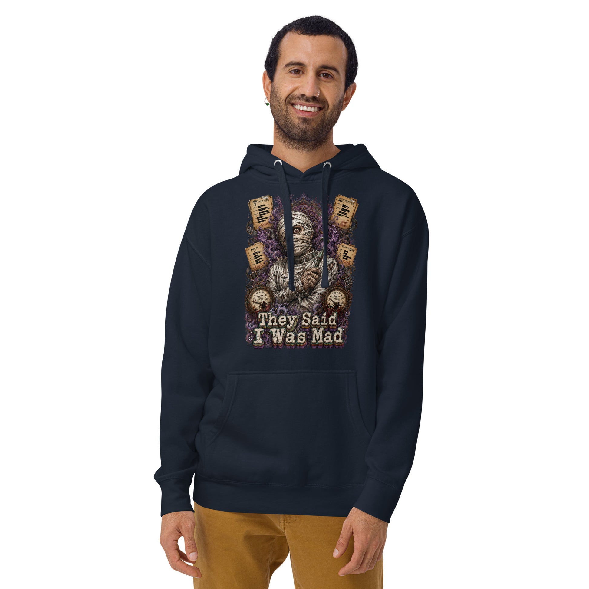 Horror and Mystery Lovers Unisex Premium Pullover Hoodie — "They Said I Was Mad" Asylum Patient and Sanity Meter Design by printfluence.net