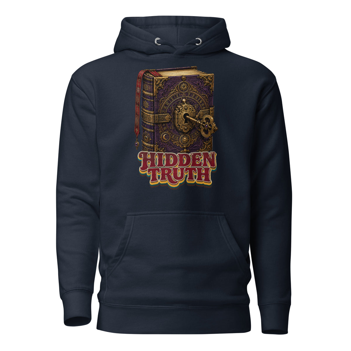 Horror and Mystery Lovers Unisex Premium Pullover Hoodie — "Hidden Truth" Cursed Grimoire and Esoteric Key Design by printfluence.net