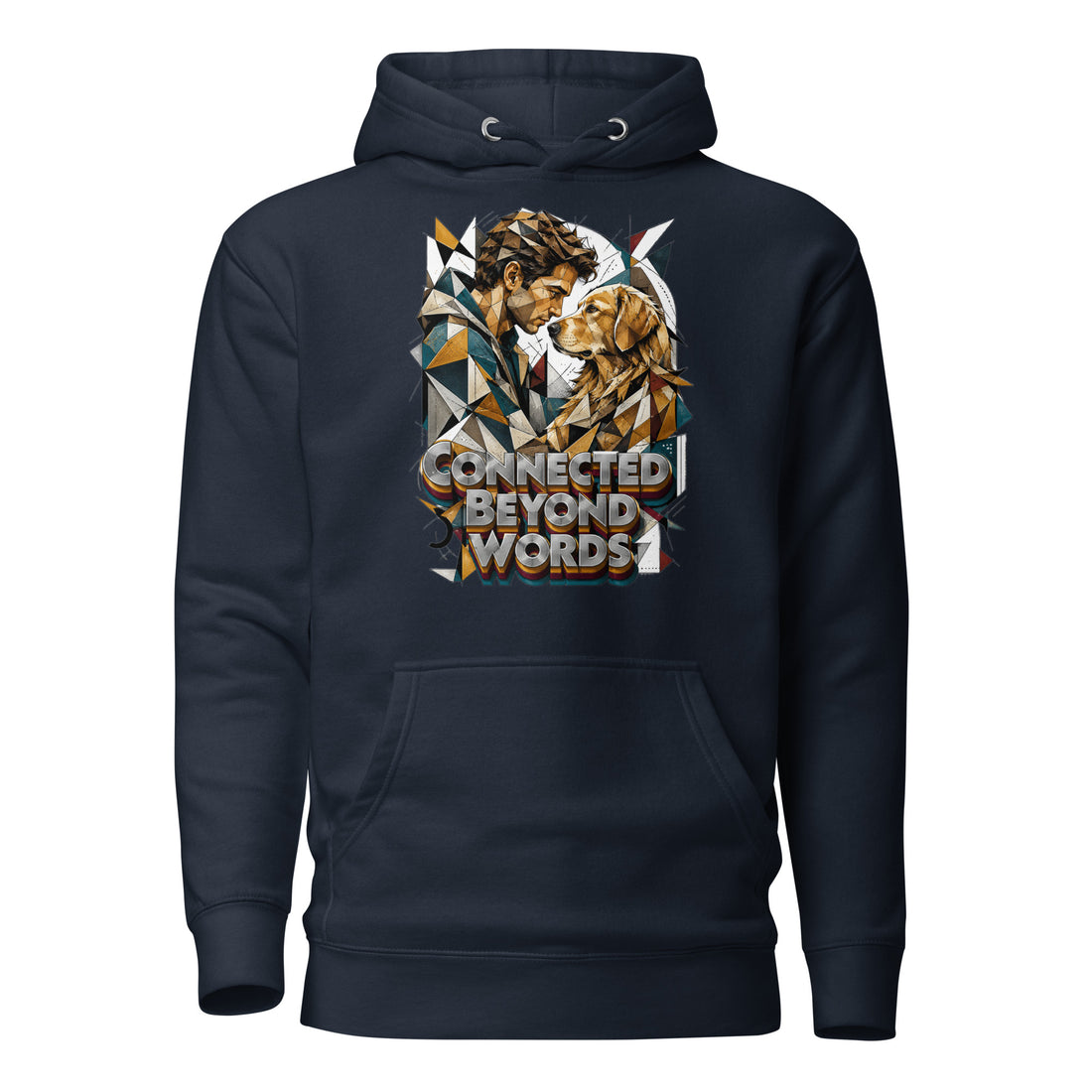 Golden Retriever Lovers Unisex Premium Pullover Hoodie — "Connected Beyond Words" Low-Poly Geometric Man and Dog Design by printfluence.net