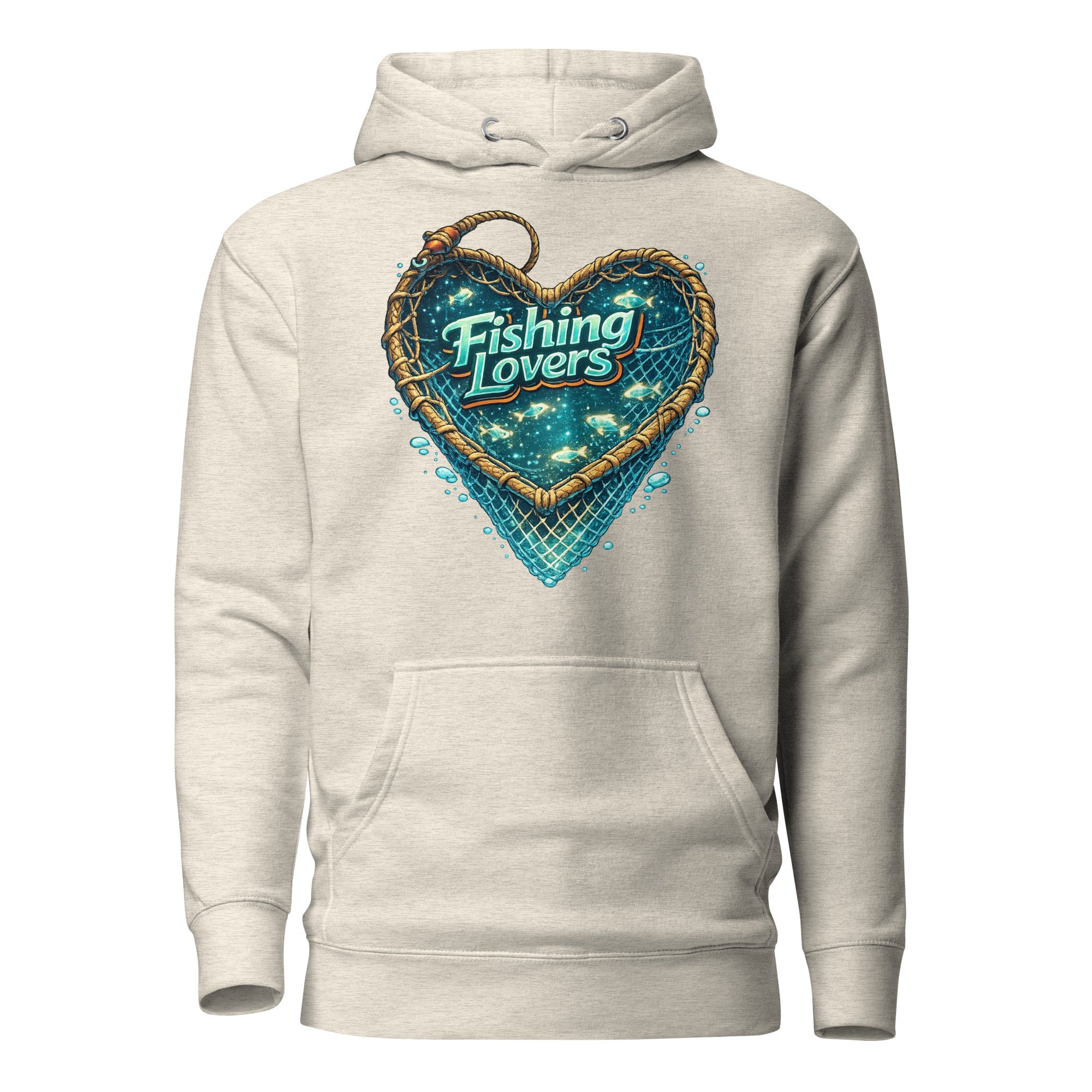Fishing Lovers Hoodie - Premium Heart Fish Net Graphic Pullover for Anglers & Coffee Lovers by printfluence.net