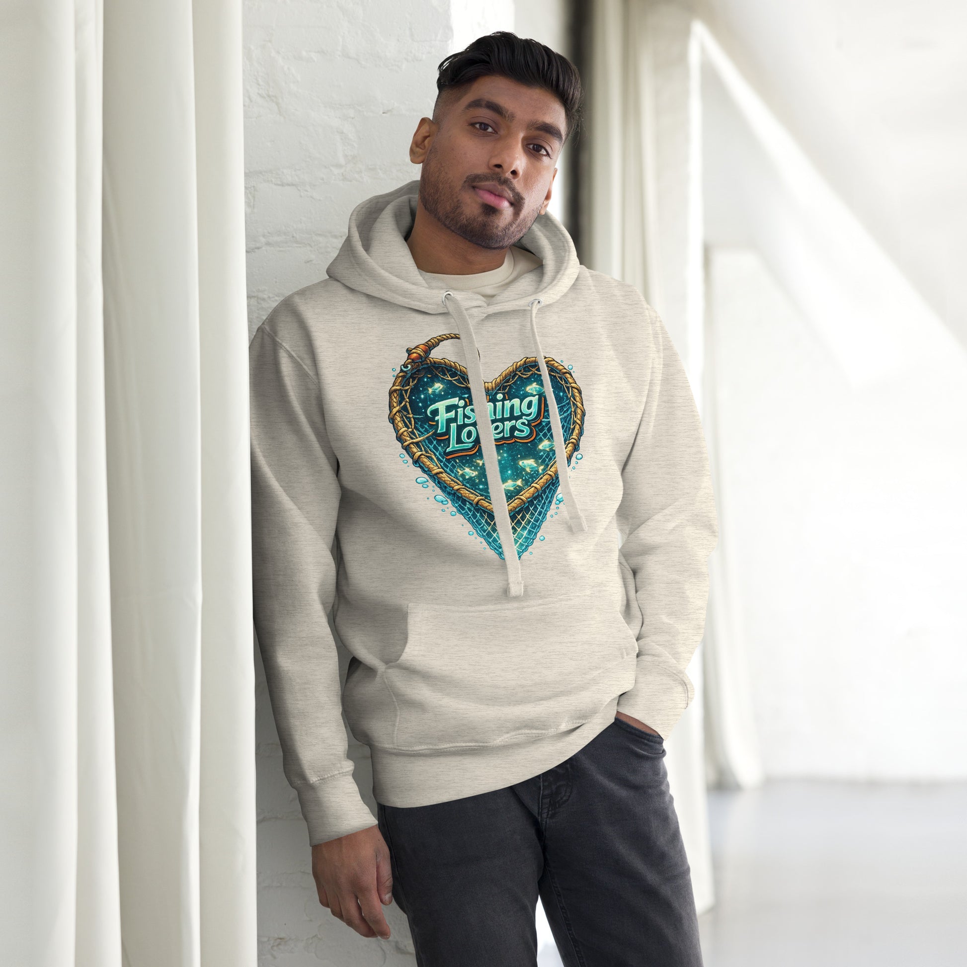 Fishing Lovers Hoodie - Premium Heart Fish Net Graphic Pullover for Anglers & Coffee Lovers by printfluence.net