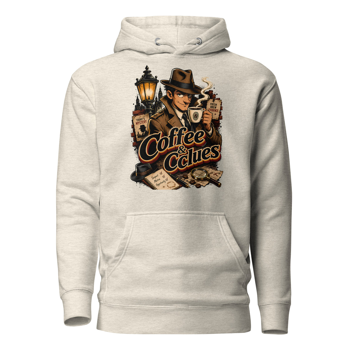Coffee Lovers Unisex Hoodie Coffee & Clues – Noir Detective Style Graphic Pullover by printfluence.net