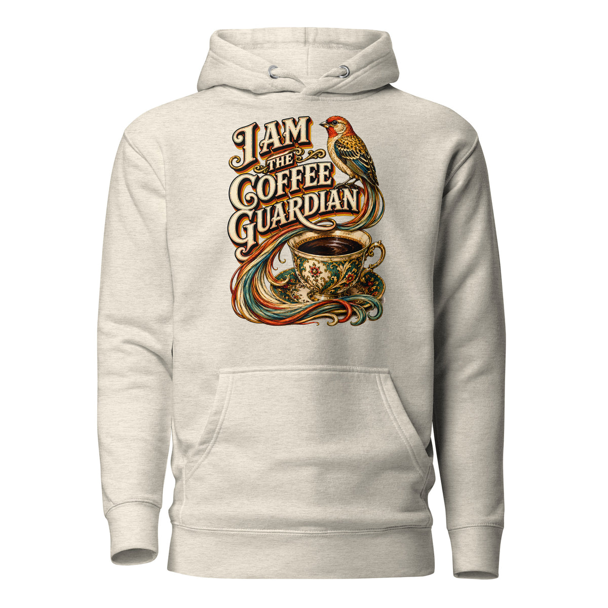 Coffee Lovers Unisex Hoodie The Coffee Guardian – Whimsical Bird & Vintage Cup Graphic Pullover by printfluence.net