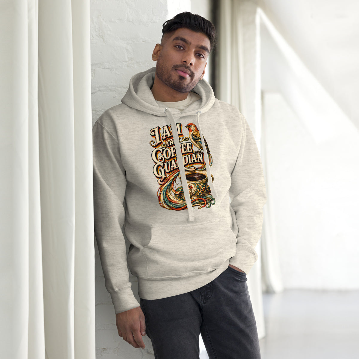 Coffee Lovers Unisex Hoodie The Coffee Guardian – Whimsical Bird & Vintage Cup Graphic Pullover by printfluence.net