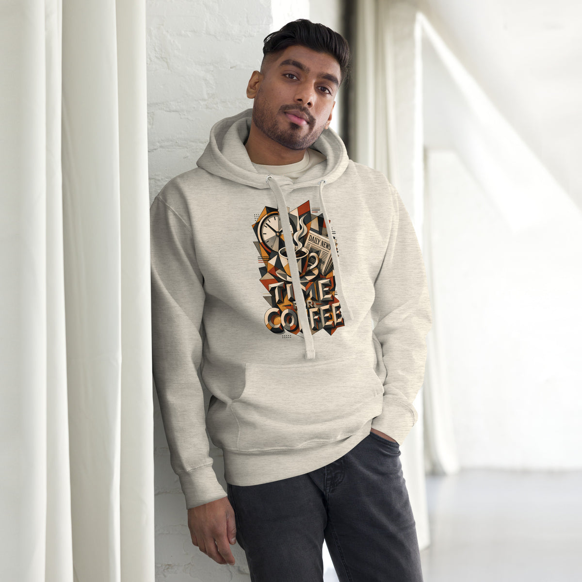 Coffee Lovers Unisex Hoodie Time For Coffee – Cubist Morning Routine Graphic Pullover by printfluence.net