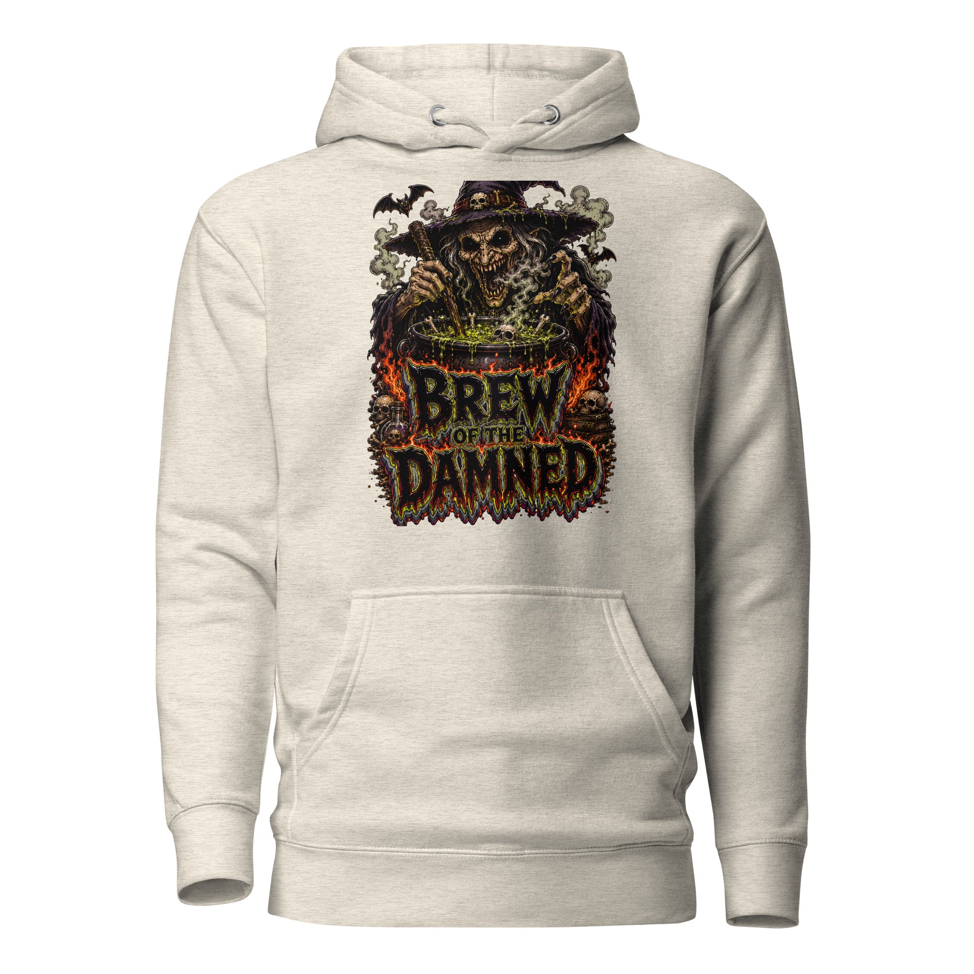 Horror & Mystery Lovers Unisex Premium Pullover Hoodie with "Brew of the Damned" Witch Cauldron Design by printfluence.net