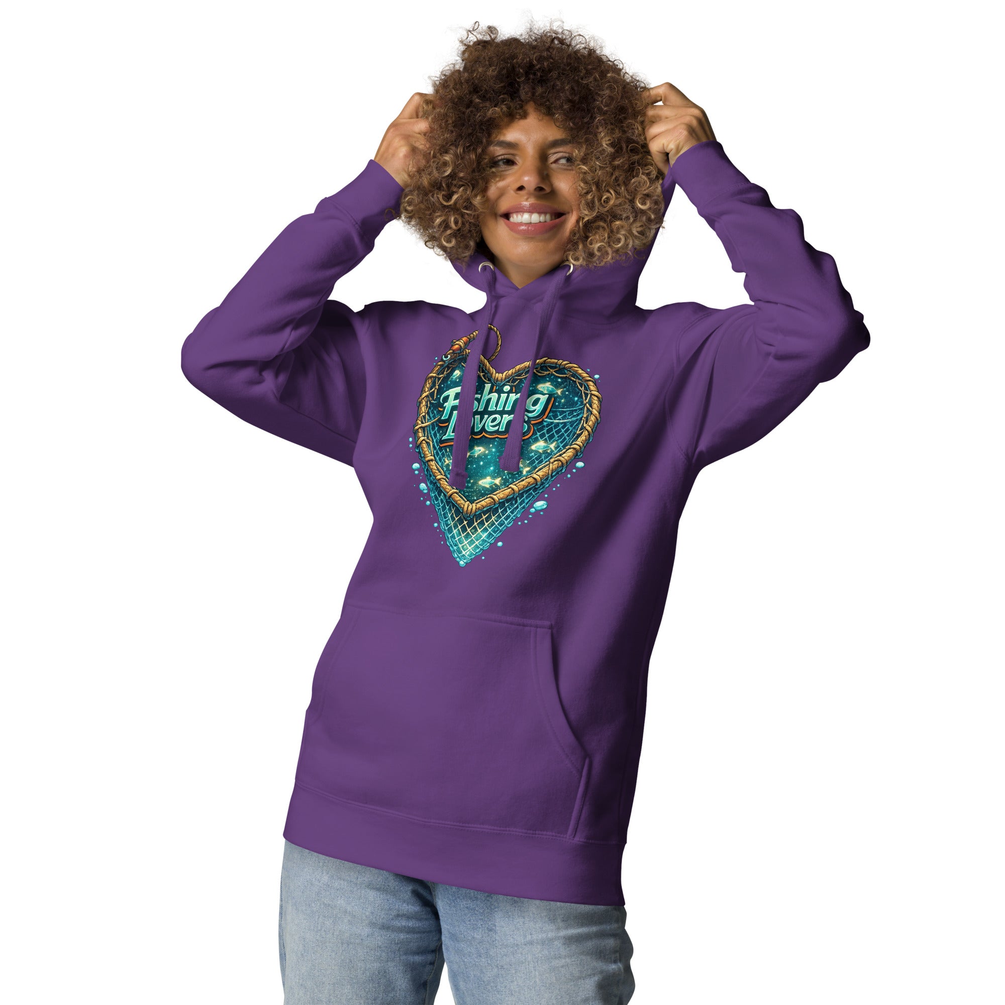 Fishing Lovers Hoodie - Premium Heart Fish Net Graphic Pullover for Anglers & Coffee Lovers by printfluence.net