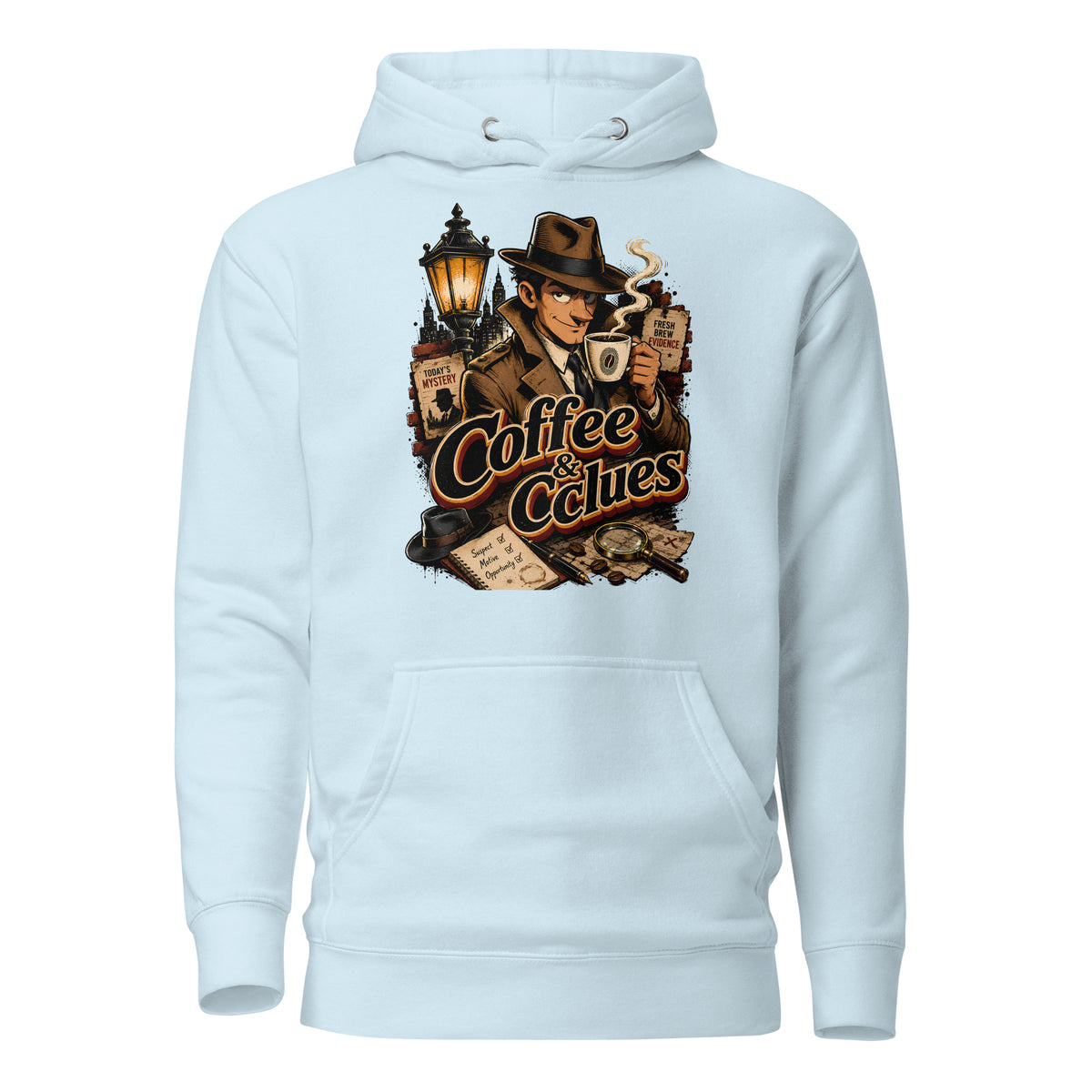 Coffee Lovers Unisex Hoodie Coffee & Clues – Noir Detective Style Graphic Pullover by printfluence.net