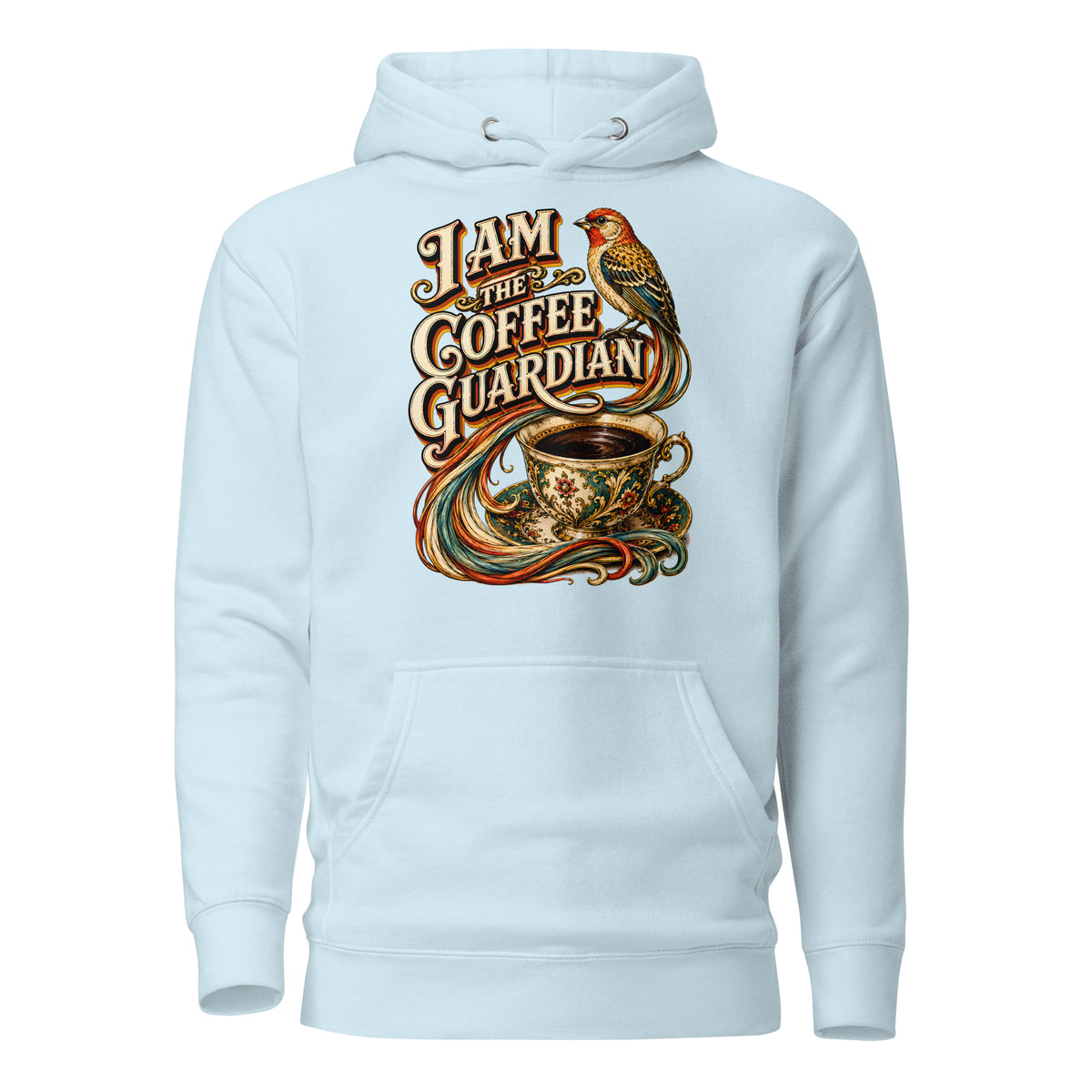 Coffee Lovers Unisex Hoodie The Coffee Guardian – Whimsical Bird & Vintage Cup Graphic Pullover by printfluence.net
