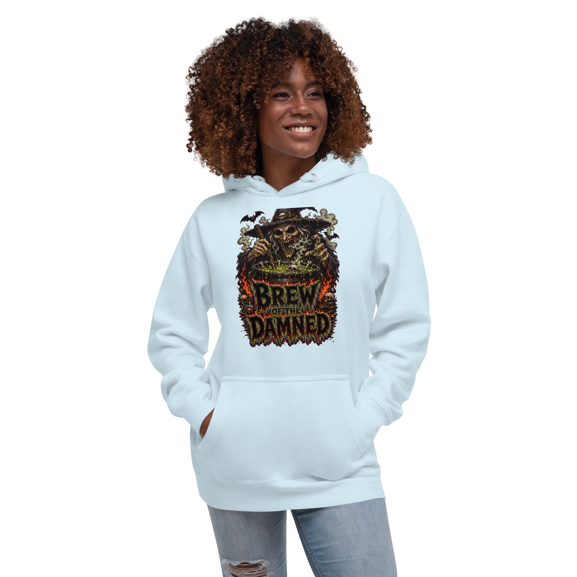 Horror & Mystery Lovers Unisex Premium Pullover Hoodie with "Brew of the Damned" Witch Cauldron Design by printfluence.net